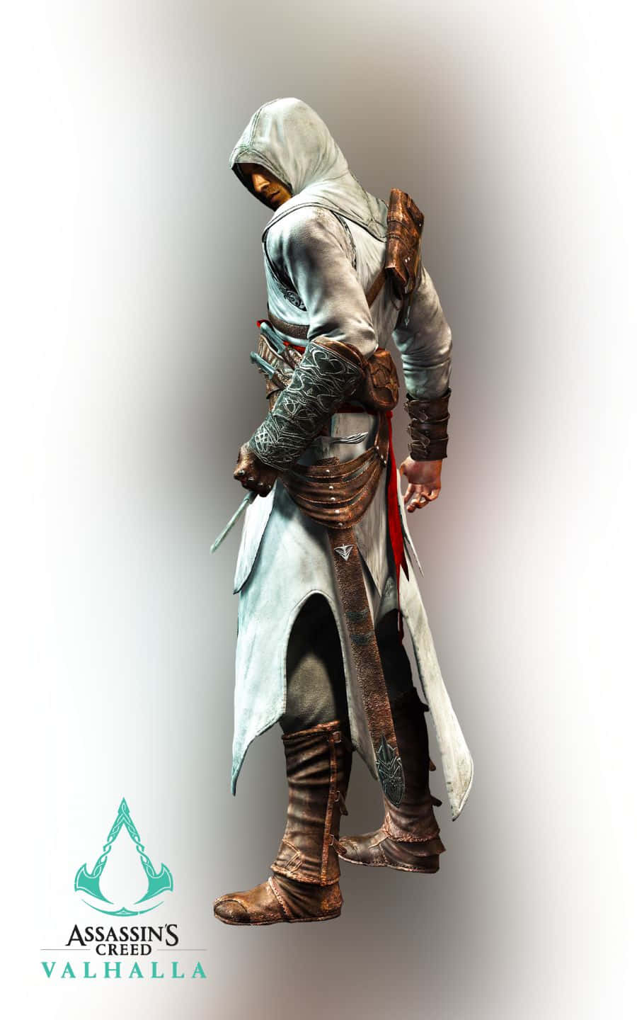 character 桌布 壁紙 — 一個身穿白色和棕色服裝的蒙面刺客，手持劍，站在純色背景前。