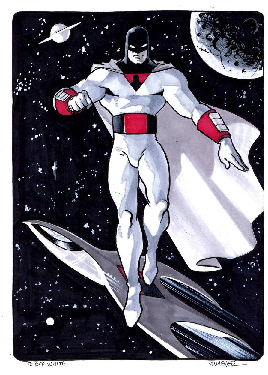 Space Ghost 桌布 壁紙 — 一個身穿白色和紅色裝甲、披著斗篷的超級英雄，在繁星點點的宇宙背景下，漂浮在一艘時尚的太空船上方，背景中有行星。