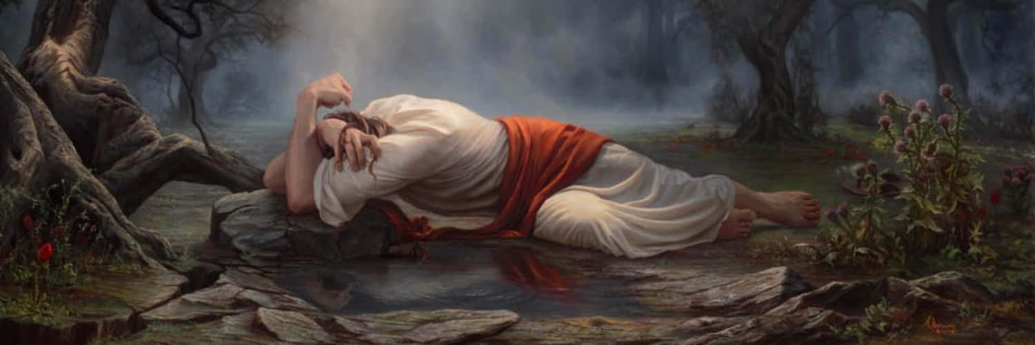 Jesus Praying 桌布 壁紙 — 一個身穿白色和紅色長袍的人物在霧氣瀰漫的小溪旁安詳地睡著，周圍是扭曲的樹木和野花。