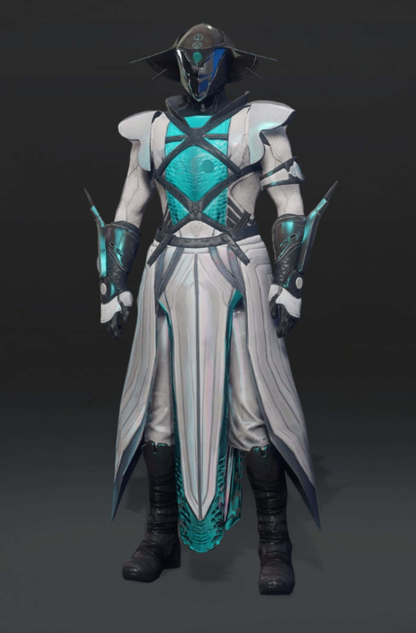 Destiny 2 Phone 桌布 壁紙 — 一個身穿白色和青綠色的未來風格裝甲戰士，在黑暗的攝影棚背景下蓄勢待發。
