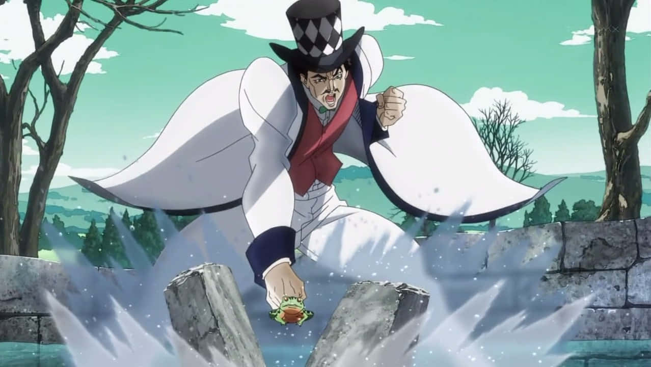 Will A Zeppeli 桌布 壁紙 — 一個身穿白色外套和格紋帽的動漫角色，在光禿禿的樹木和石牆之間，手裡拿著青蛙跳過水面。