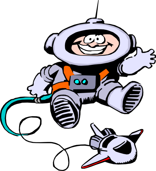 Spaceman 桌布 壁紙 — 一個身穿白色太空衣、帶橙色帶子的開心卡通太空人，在黑色背景上快樂地漂浮，附近有一艘小型太空船。