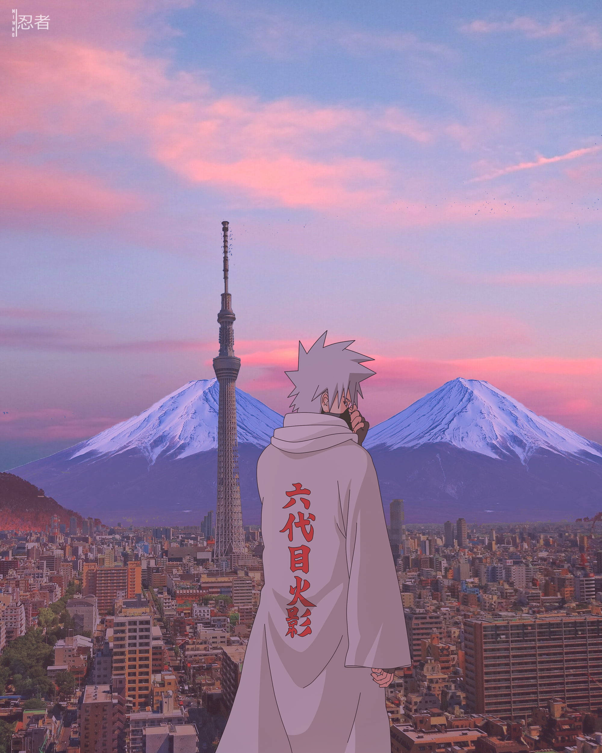 Naruto Kakashi 桌布 壁紙 — 一個身穿白色斗篷的動漫角色站在高處俯瞰東京，富士山和東京晴空塔在粉紅色的夕陽天空下。
