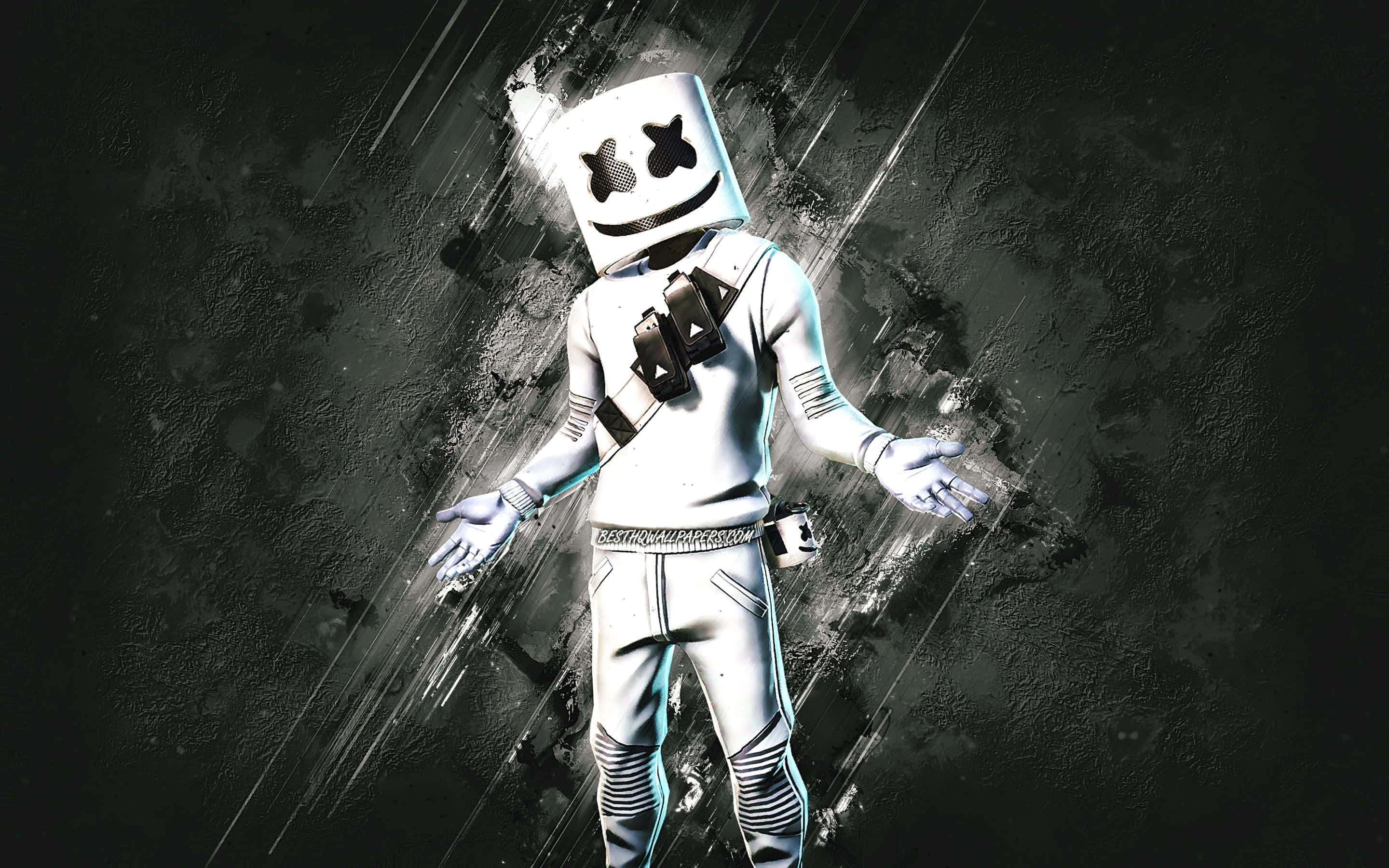 Fortnite Marshmello 桌布 壁紙 — 一個身穿白色棉花糖頭盔和套裝的人物站在黑暗粗糙的背景前，帶有發光的條紋。