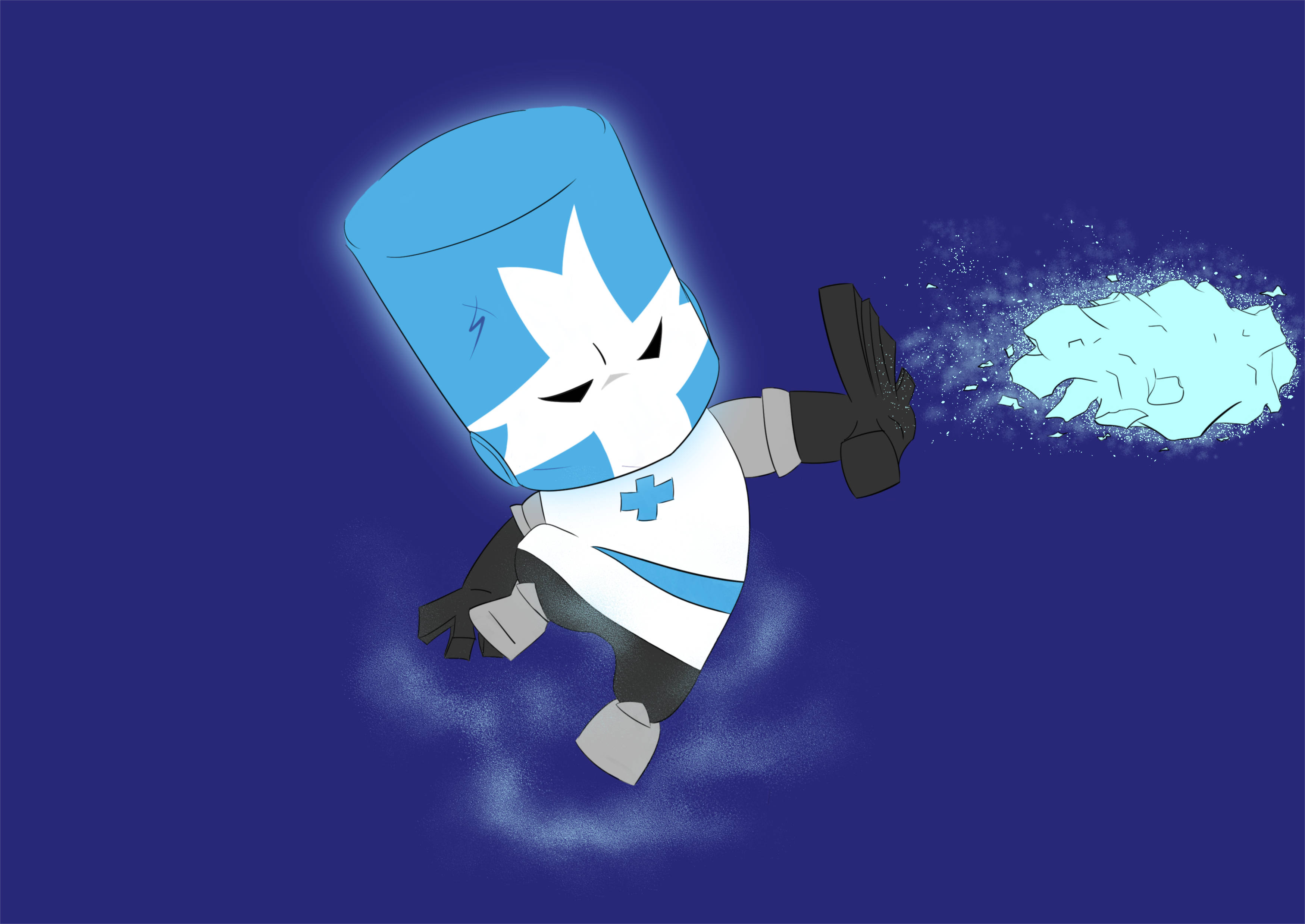 Castle Crashers 桌布 壁紙 — 一個身穿白色盔甲、帶有十字徽章的藍色圓柱騎士向前出拳，在深藍色背景上留下發光的冰痕。