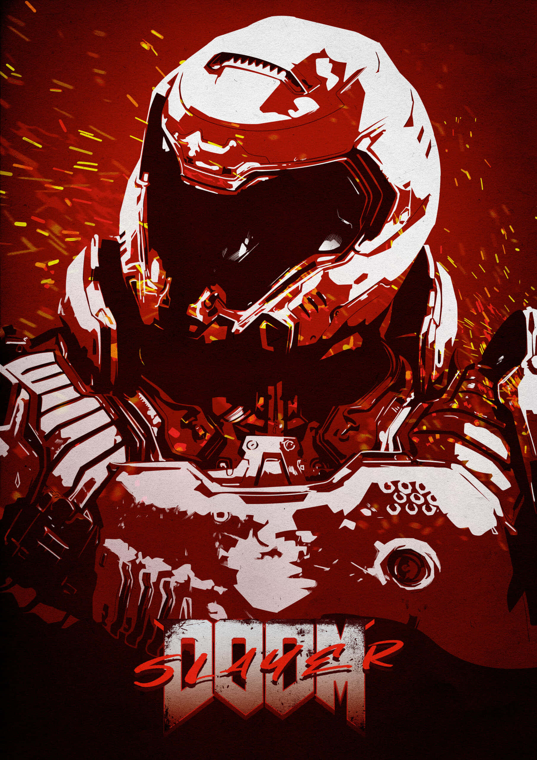 Doom Slayer 桌布 壁紙 — 一個身穿白色盔甲、氣勢洶洶的毀滅戰士站在熾熱的紅色背景前，火花四濺。