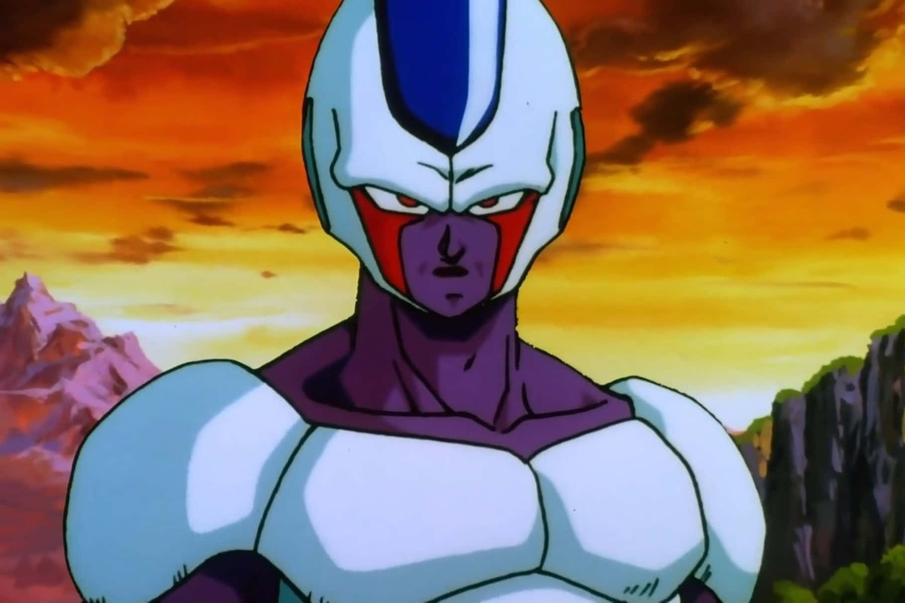 Dragon Ball Characters 桌布 壁紙 — 一個身穿白色盔甲、紫色皮膚的威嚇性動漫角色，站在岩石地形上，背景是火紅的日落天空。