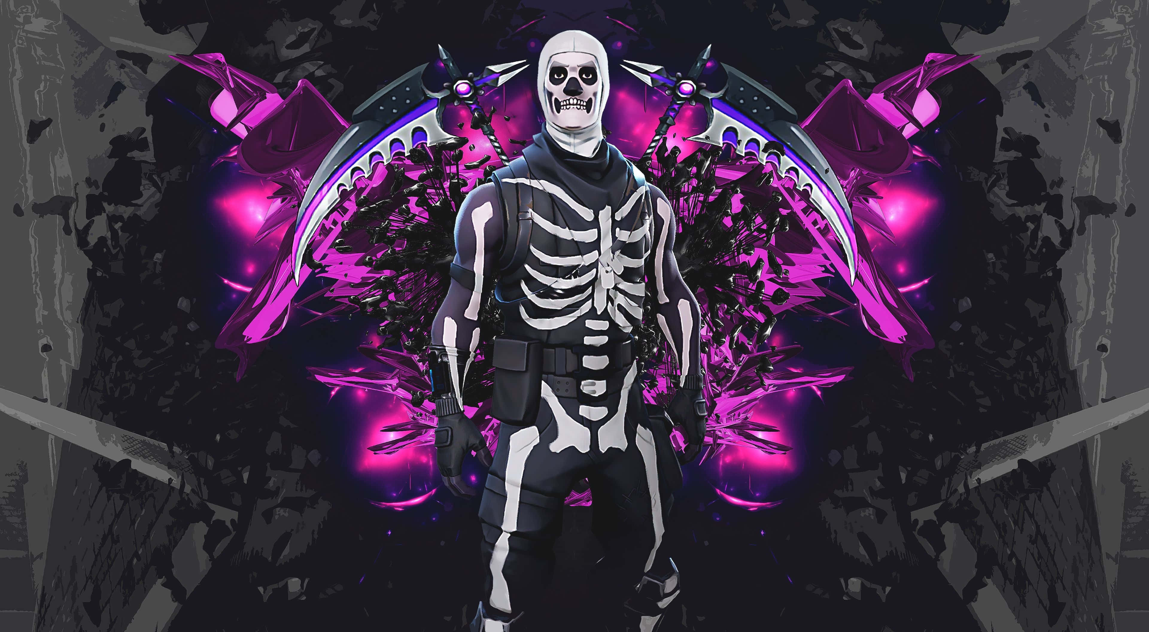 Fortnite Cool 桌布 壁紙 — 一個身穿白色盔甲的骷髏戰士，手持發光的紫色鐮刀，站在黑暗破碎的背景前。