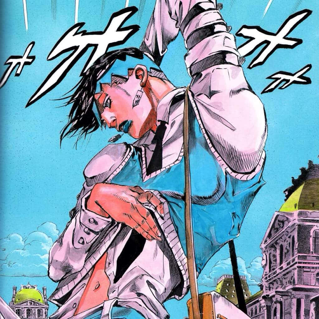 Rohan Kishibe 桌布 壁紙 — 一個身穿白色西裝的動感動漫角色，在歐洲風格建築物上方明亮的藍天中跳躍，帶有戲劇性的動作線條。