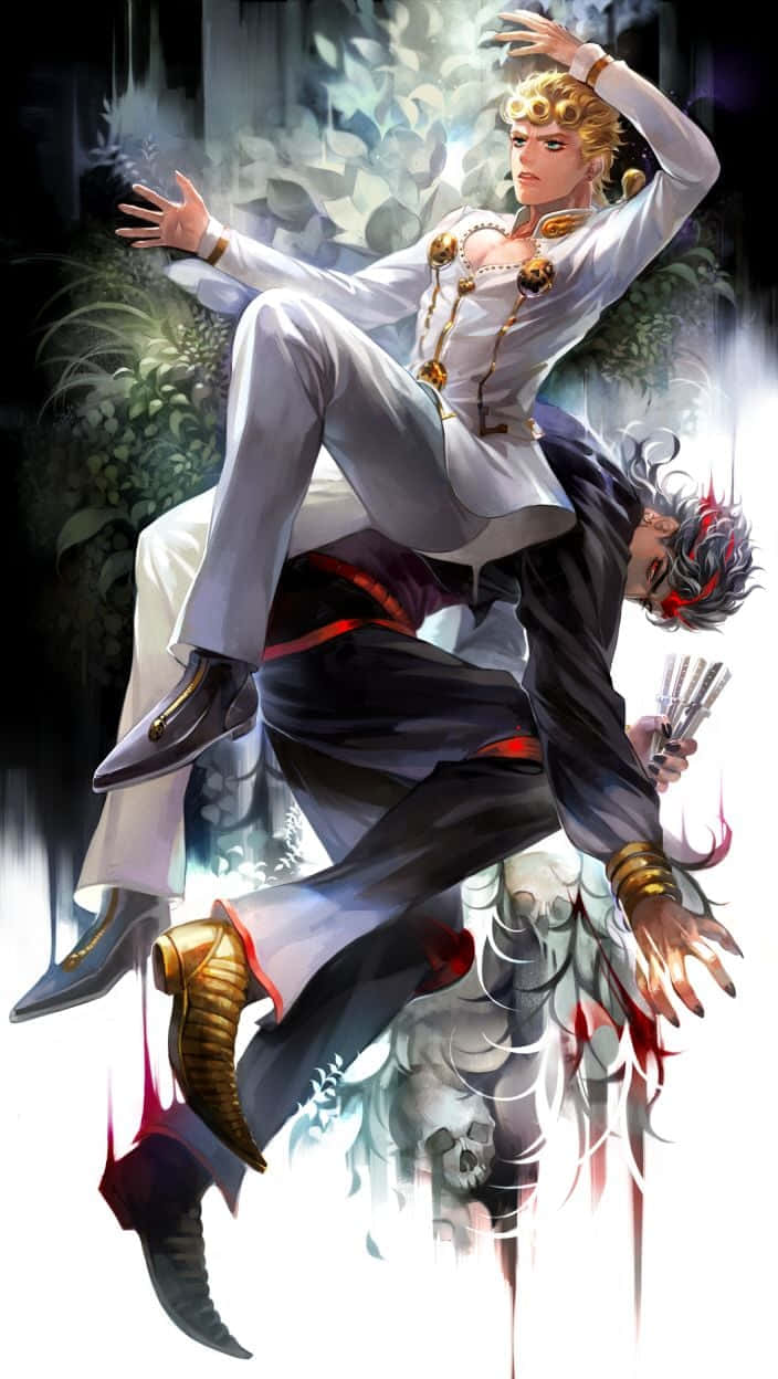 Dio 桌布 壁紙 — 一個身穿白色西裝的動態動漫角色，在發光的綠色樹葉和骷髏中跳過一個身穿深色衣服的人物。