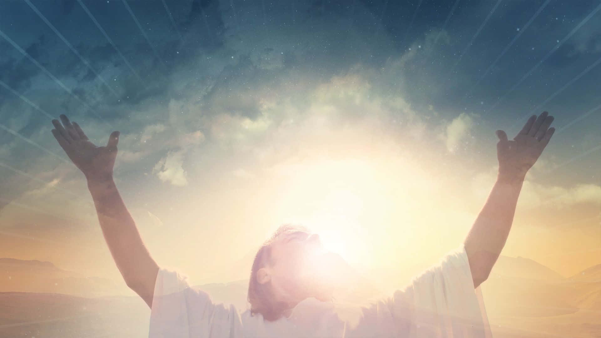 Savior 桌布 壁紙 — 一個身穿白色長袍的人，在繁星點點的天空背景下，向著光芒四射的太陽舉起雙臂。