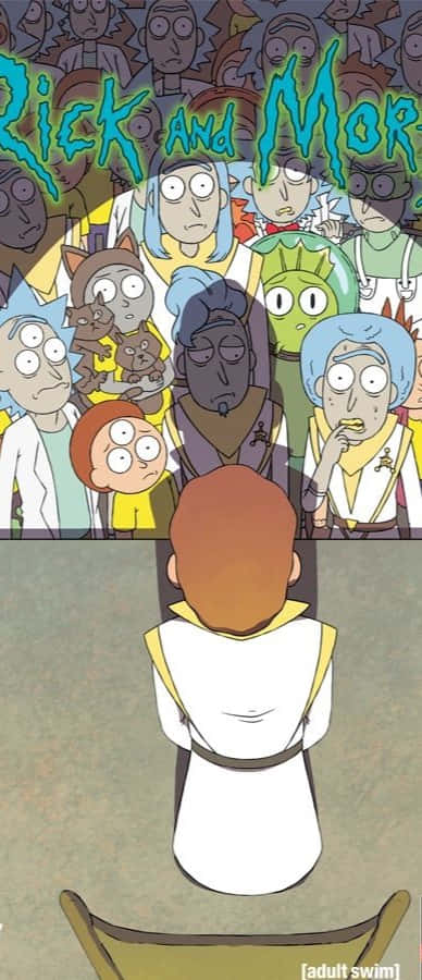 The Council Of Ricks 桌布 壁紙 — 一個身穿白色長袍的角色，面對著一群來自《瑞克和莫蒂》的多樣化動畫角色，眼睛睜大，表情各異。