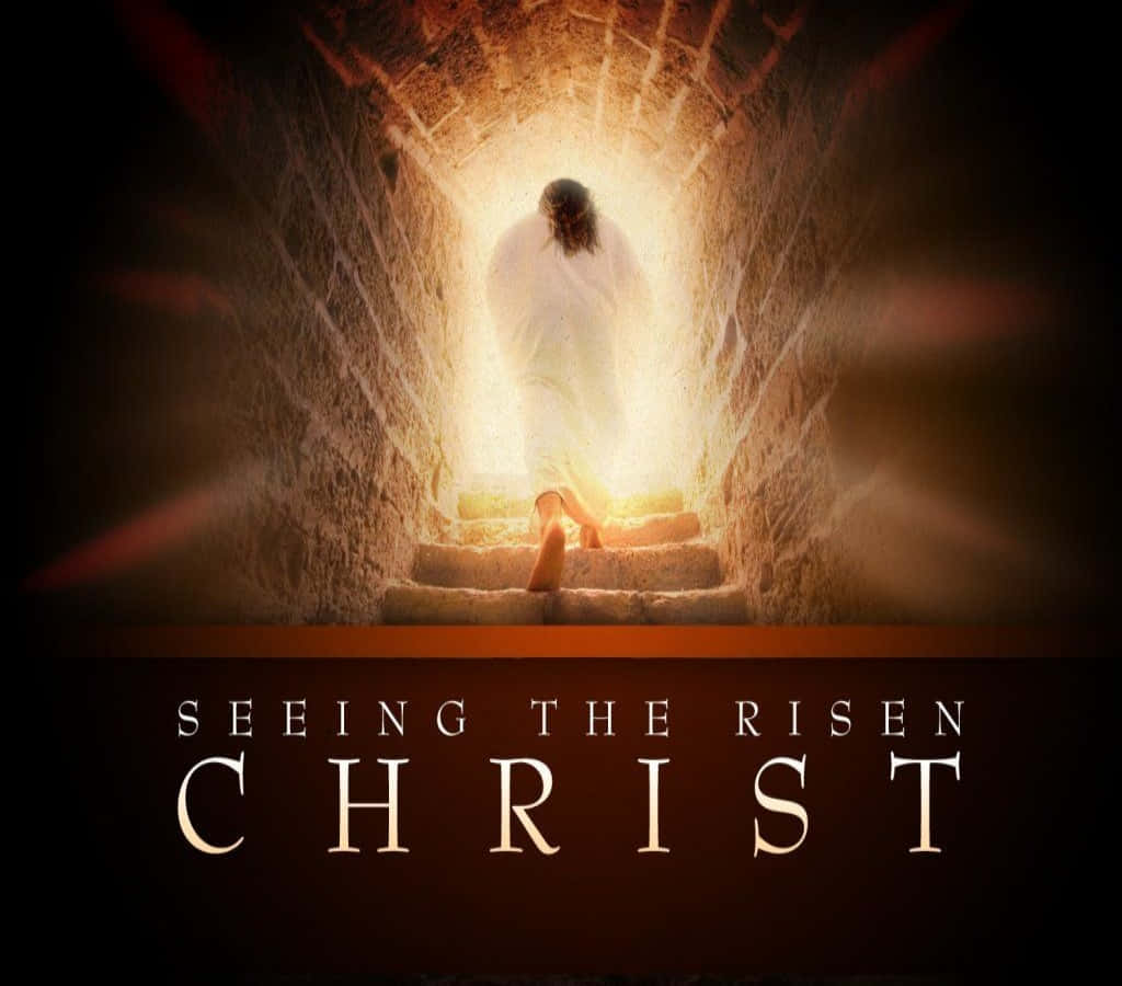 Christ 桌布 壁紙 — 一個身穿白衣、光芒四射的身影從階梯頂端散發神聖光芒的石墓中出現。