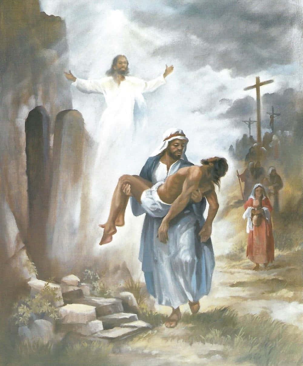Jesus Resurrection 桌布 壁紙 — 一個身穿白衣的神聖人物散發光芒，照耀著一個男人沿著一條岩石小徑背負受傷的耶穌，遠處有十字架和哀悼者。