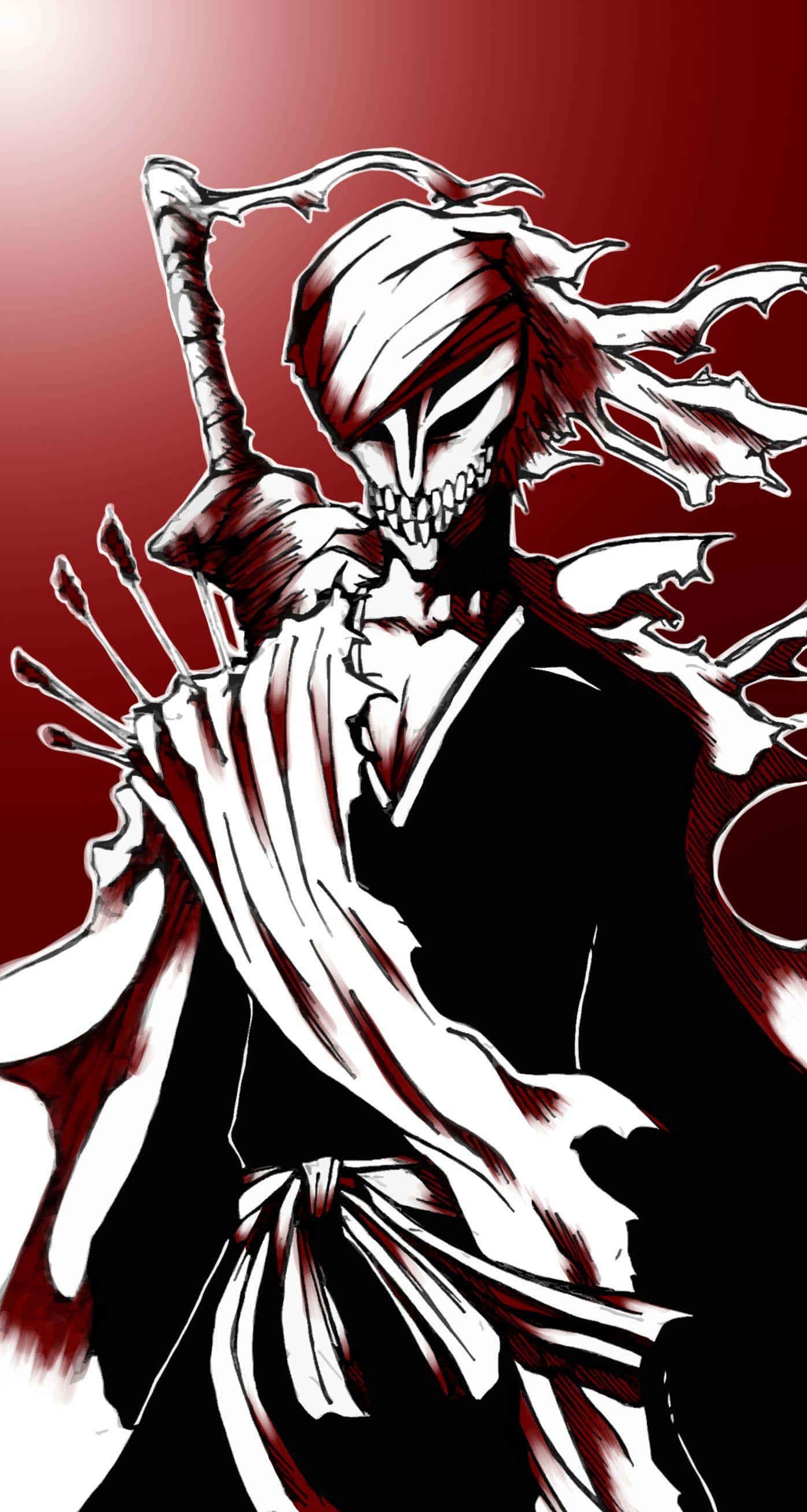 死神 桌布 壁紙 — 一個身穿白袍、令人畏懼的動漫骷髏戰士，在血紅色漸變背景前揮舞著鐮刀。