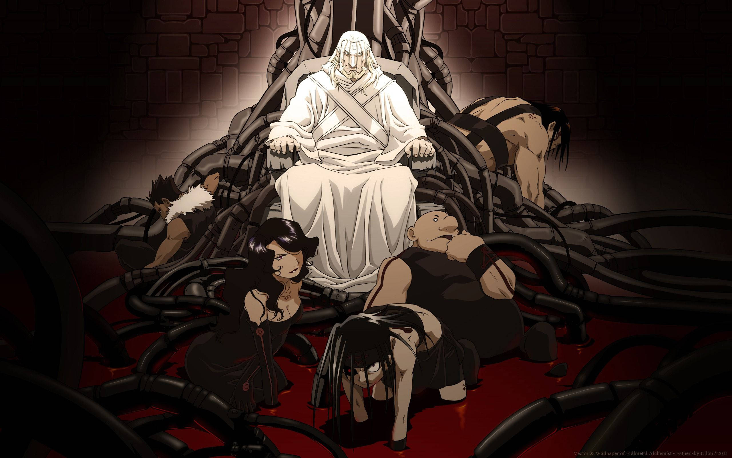 Fullmetal Alchemist 桌布 壁紙 — 一個身穿白袍的人物坐在機械肢體上的王座上，位於黑暗的石室中，周圍有跪著的人物，構成陰沉的動畫場景。
