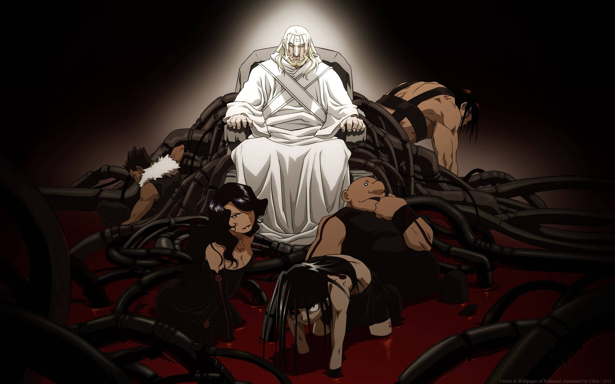 Fullmetal Alchemist 桌布 壁紙 — 一個身穿白袍的人物坐在王座上，下方是扭動的黑色觸手，周圍是跪著的動漫角色，身處暗紅色房間。