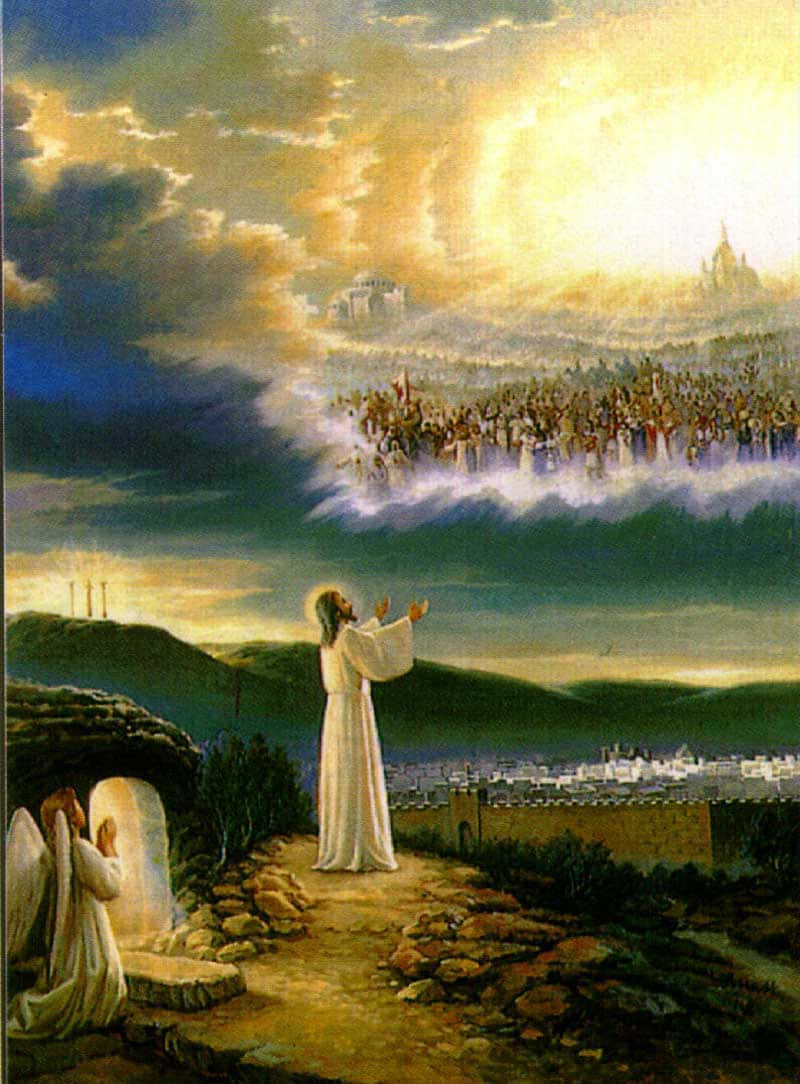Jesus Is King 桌布 壁紙 — 一個身穿白袍的人站在山頂祈禱，一座天堂般的城市和人群出現在上方發光的雲層中。