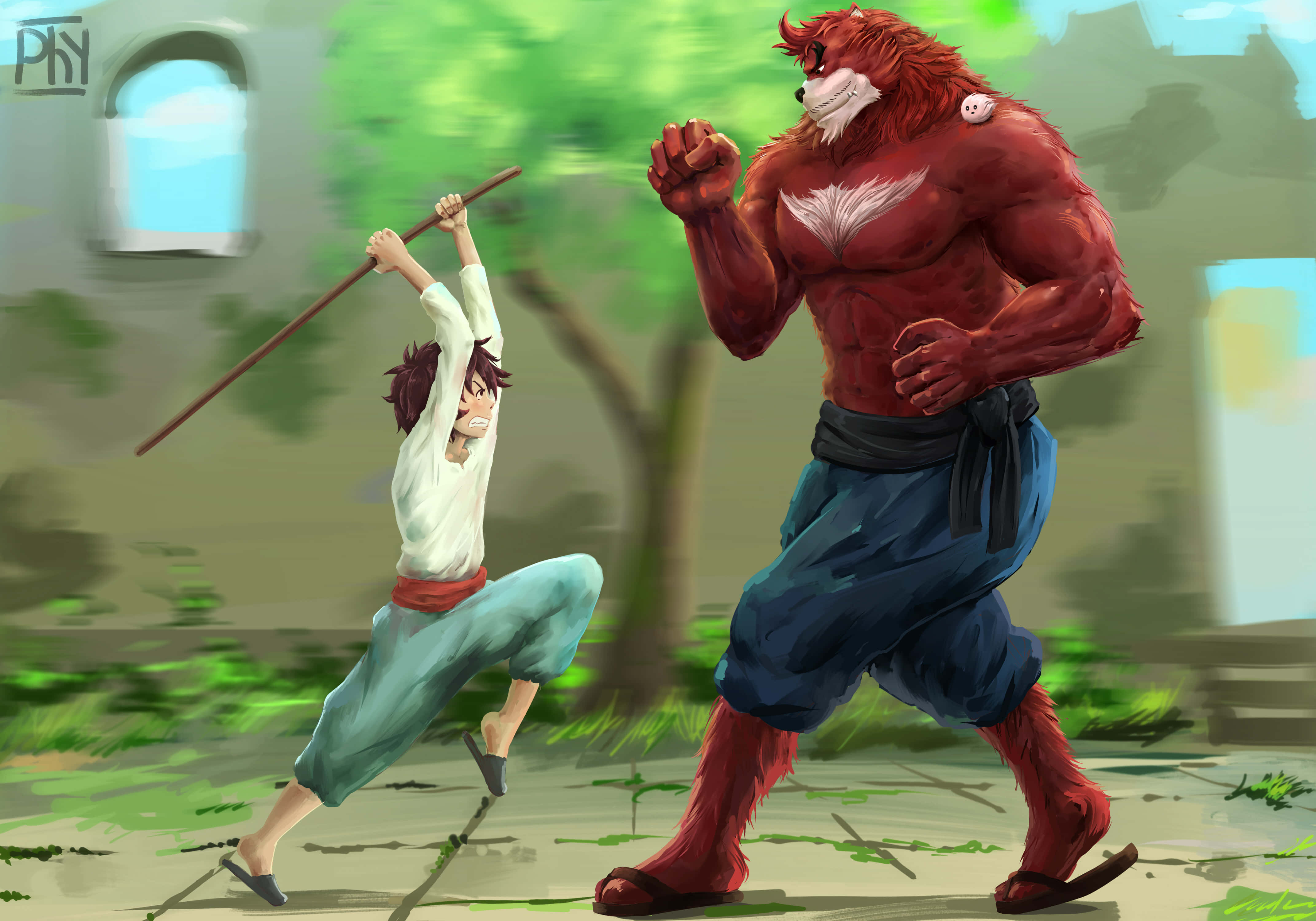 The Boy And The Beast 桌布 壁紙 — 一個身穿白襯衫和藍褲子的小男孩在陽光明媚的庭院裡用棍子與一個巨大的紅髮野獸戰鬥。