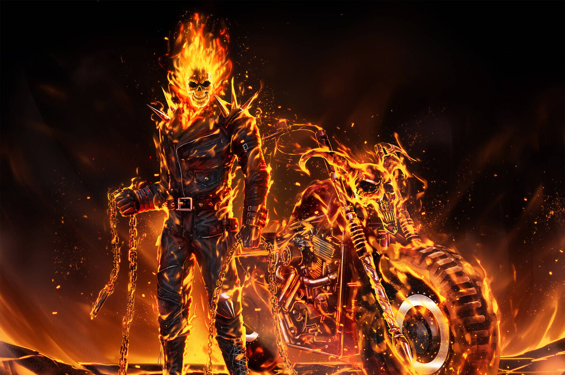 Ghost Rider 燃燒的頭骨和鎖鏈，站在他燃燒的機車旁。 — 鬼 Rider 壁紙