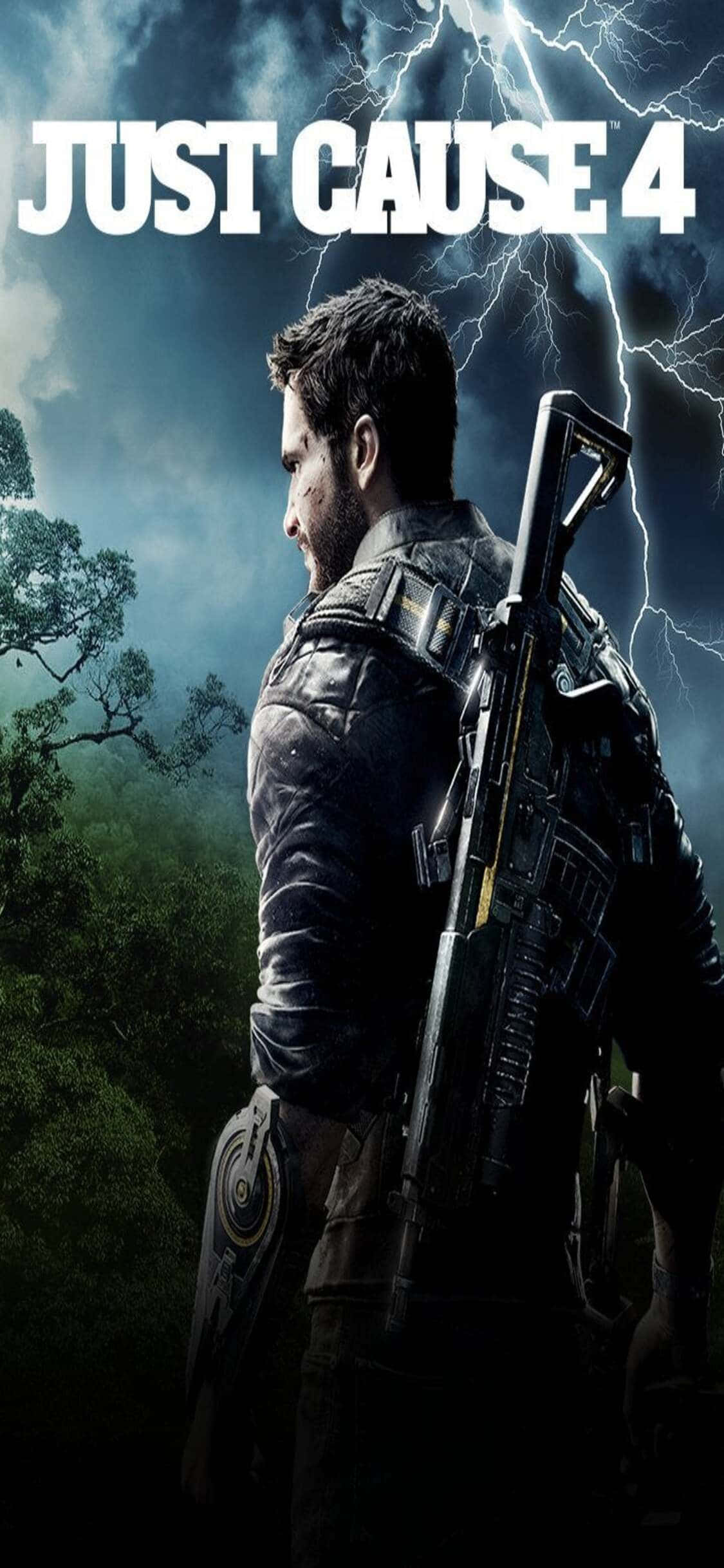 iPhone X Just Cause 4 桌布 壁紙 — 一個身穿皮革裝備的粗獷士兵站在風暴叢林中，頭頂閃電劈啪作響。