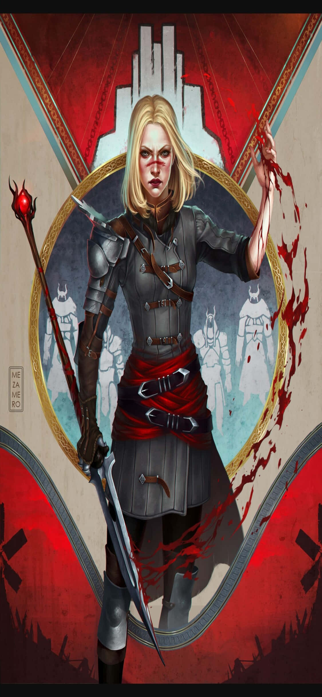 iPhone Xs Dragon Age Inquisition 桌布 壁紙 — 一個身穿盔甲、兇猛的金髮戰士，在紅金相間的華麗背景中，揮舞著沾滿鮮血的劍和法杖，背景中還有幽靈般的身影。