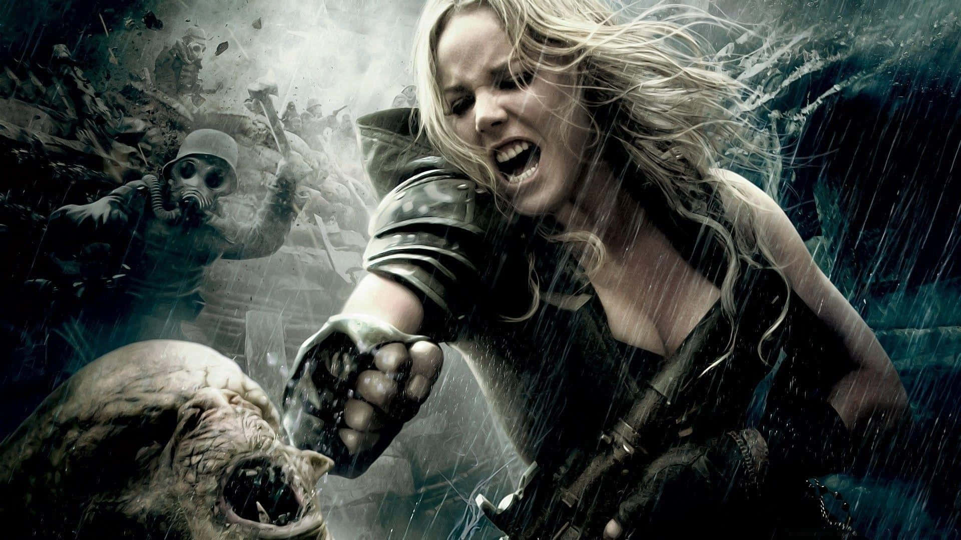 Abbie Cornish 桌布 壁紙 — 一個身穿盔甲、凶猛的金髮戰士在雨水浸透、戰火摧殘的戰場上咆哮，同時攻擊一個怪誕的怪物。