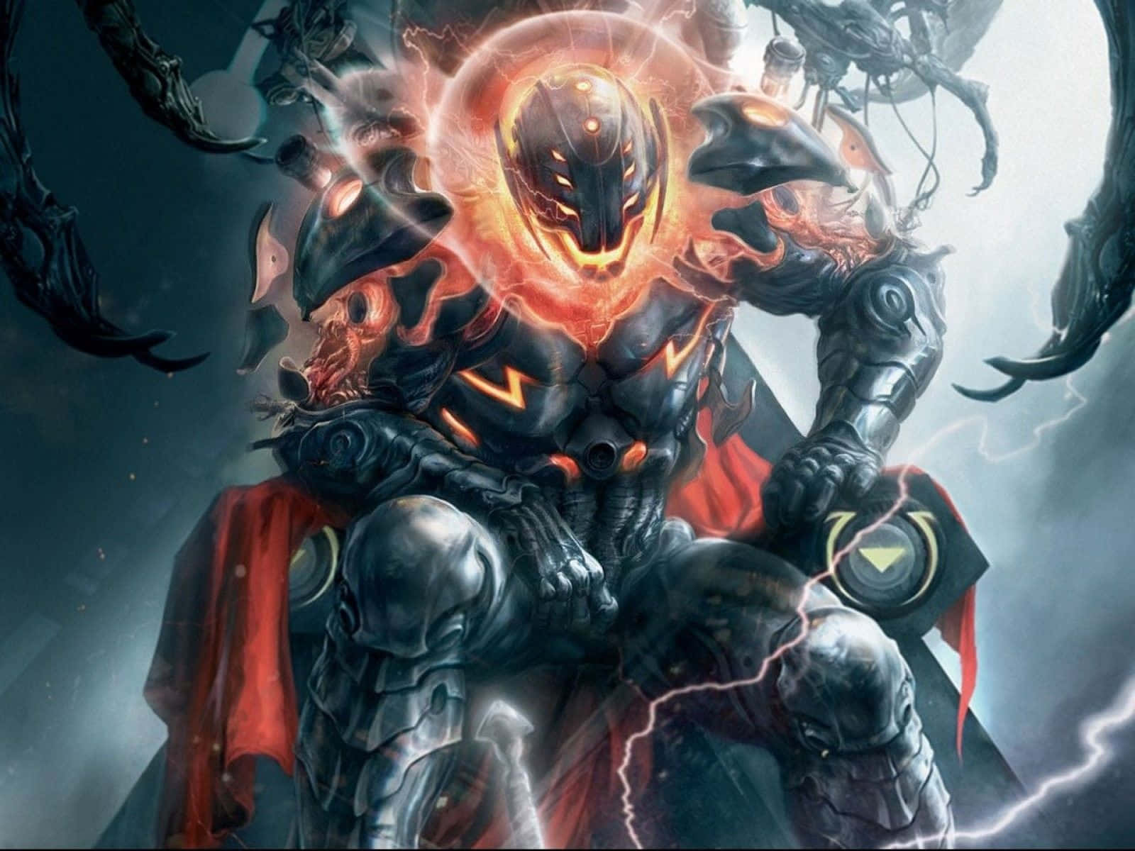 Best Marvel 桌布 壁紙 — 一個身穿盔甲、帶有發光橙色骷髏頭和紅色斗篷的威脅性人物，站在旋轉的黑暗能量和閃電之中。