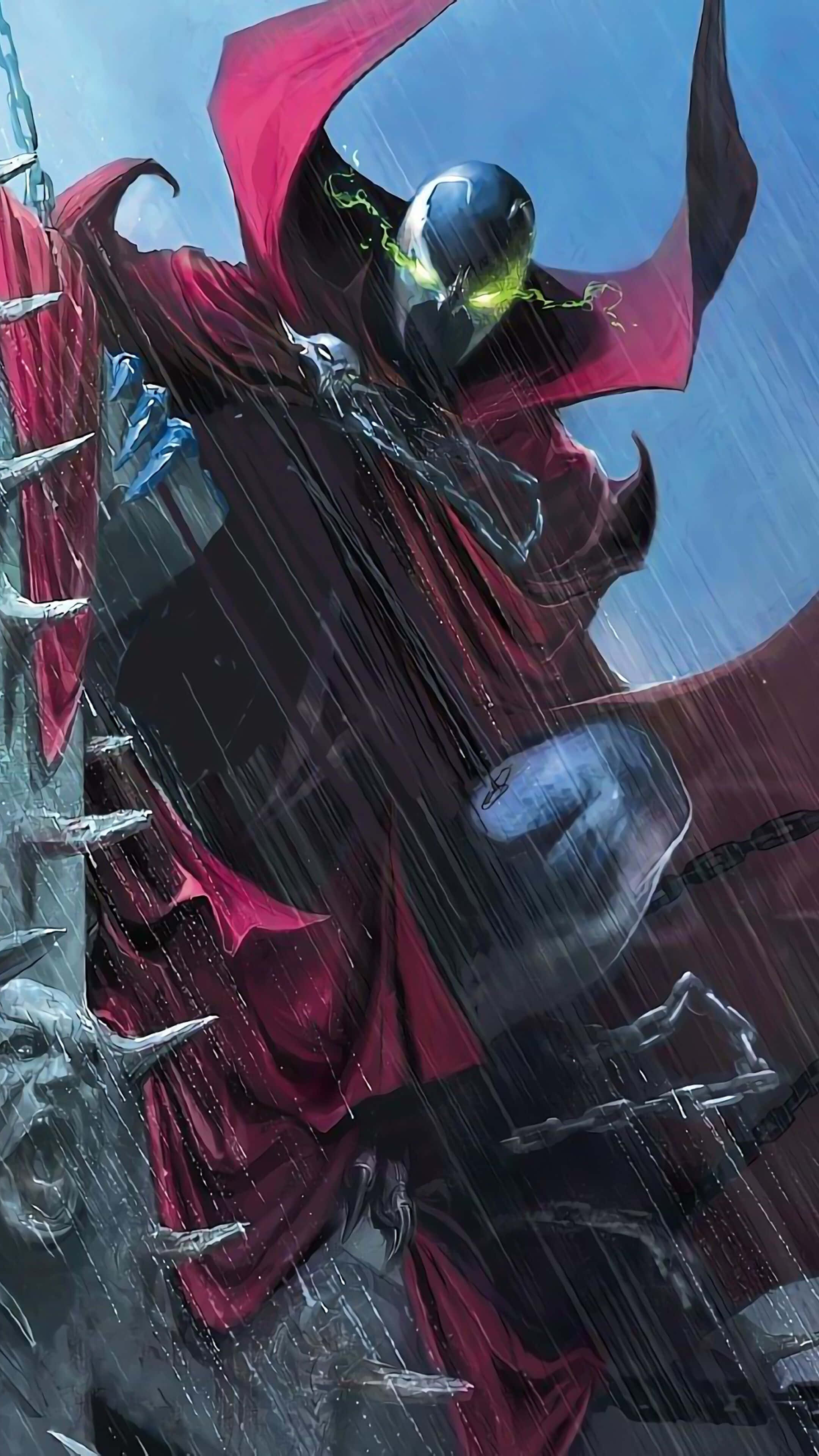 Mortal Kombat 11 Spawn 桌布 壁紙 — 一個身穿盔甲、帶有發光綠色眼睛和飄逸紅色斗篷的威嚇人物，在暴風雨中站在鋸齒狀尖刺結構之間。