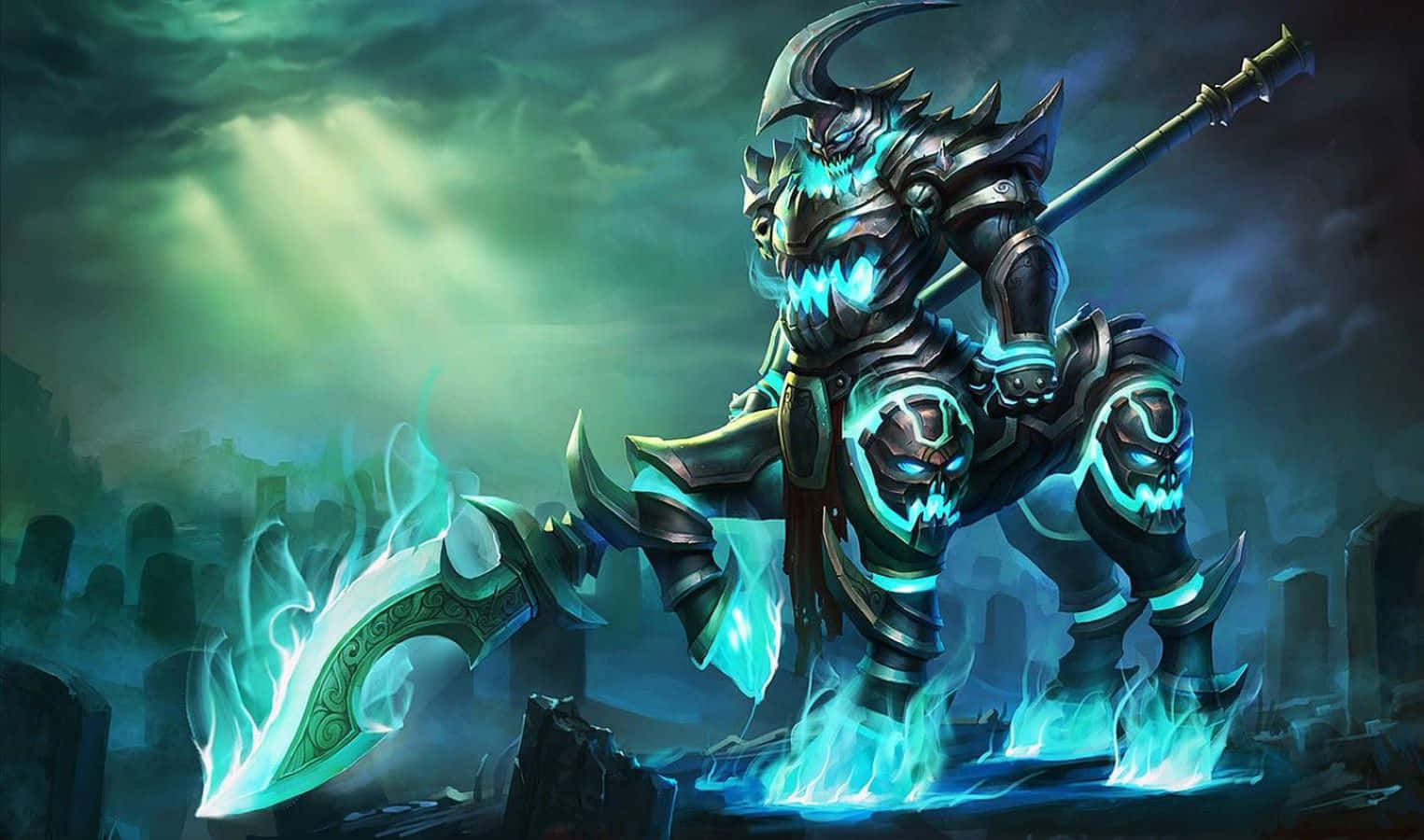 Legend 桌布 壁紙 — 一個身穿盔甲、帶有發光藍色頭骨和火焰武器的威脅性惡魔戰士，站在陰森綠色天空下的黑暗墓地中。