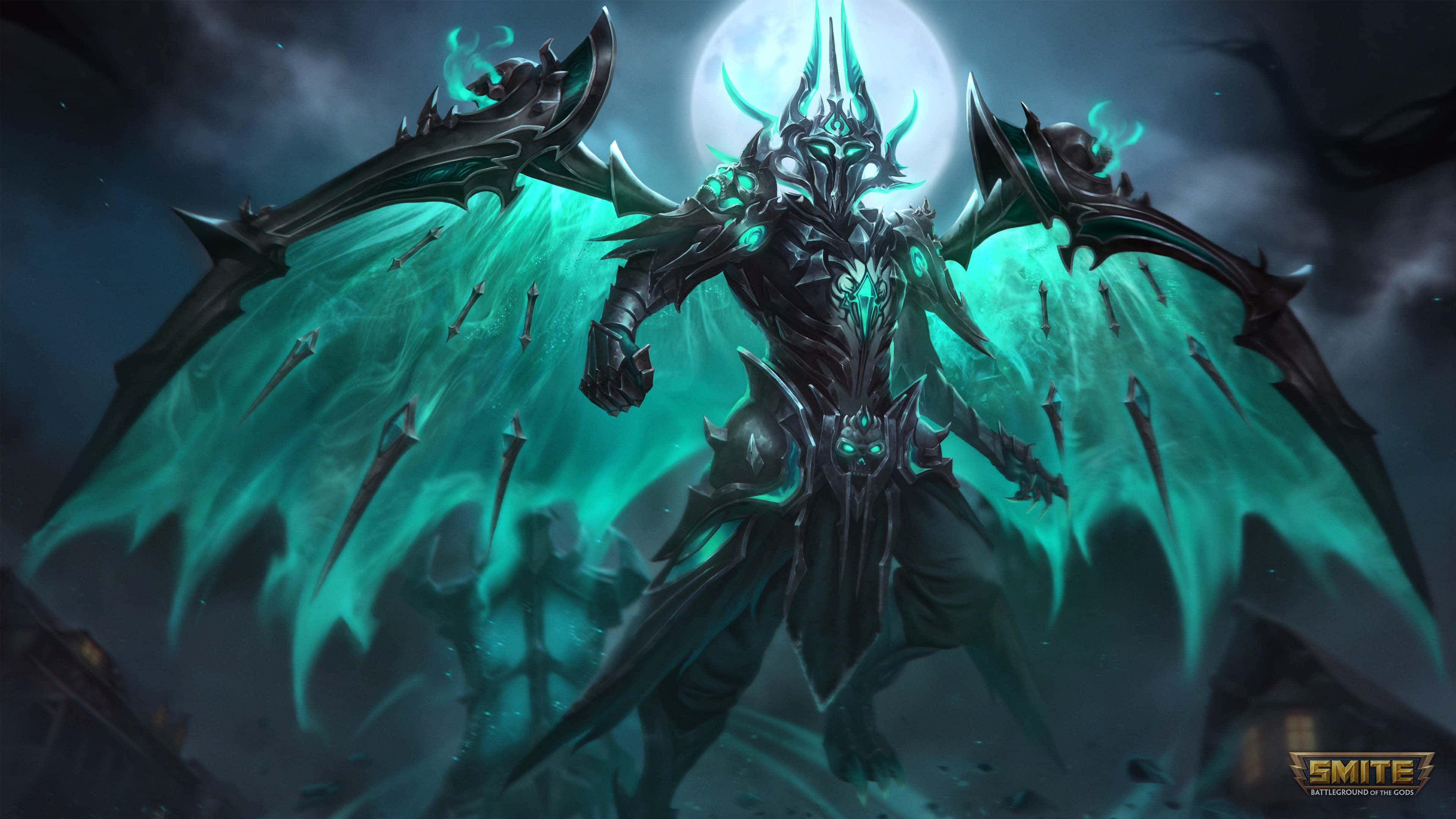 Smite 桌布 壁紙 — 一個身穿盔甲、帶有發光青綠色翅膀和漂浮刀刃的威脅性惡魔，在黑暗奇幻場景中站在滿月前。
