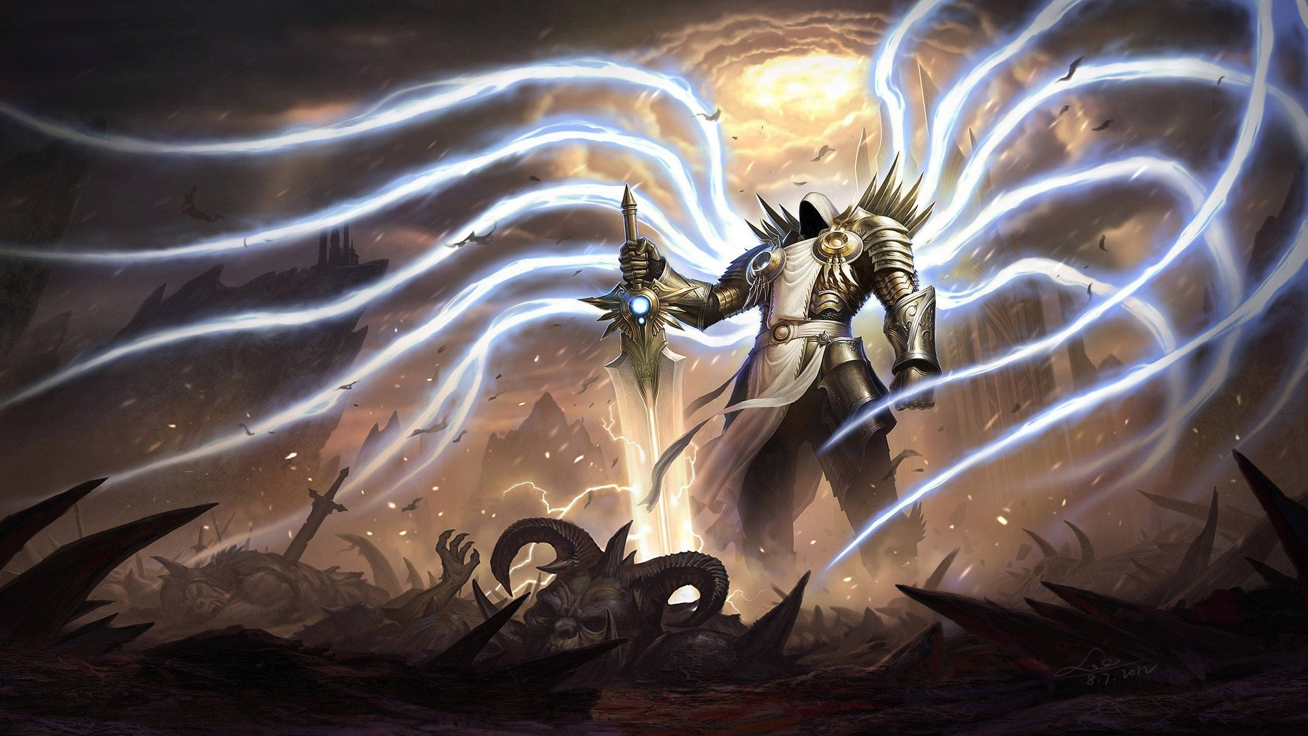 Diablo 桌布 壁紙 — 一個身穿盔甲、擁有發光翅膀的戰士，在暴風雨的天空下，揮舞著一把光芒四射的劍，站在佈滿斷角和頭骨的戰場上。