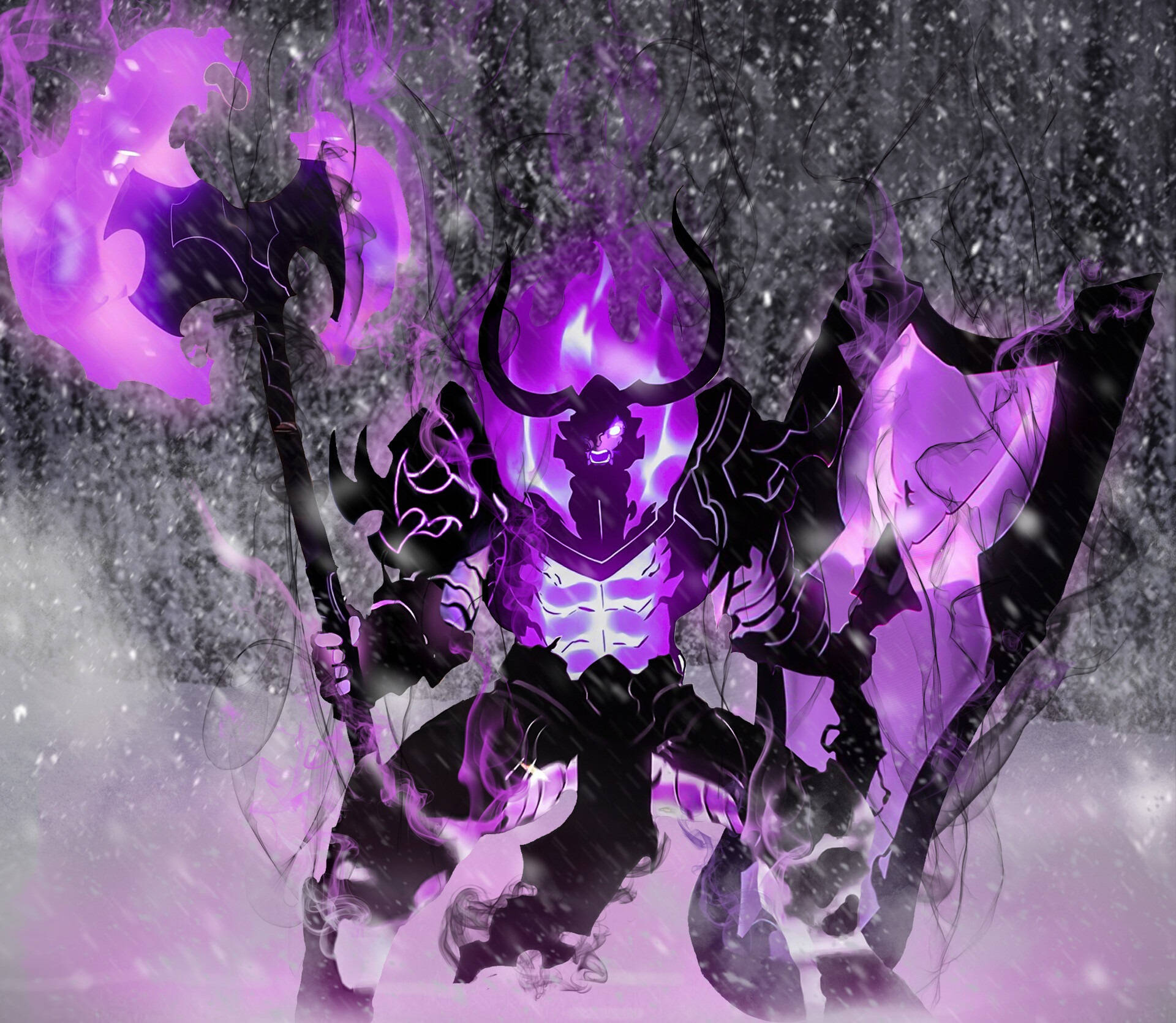 Solo Leveling 4K 桌布 壁紙 — 一個身穿盔甲、散發著紫色火焰的威嚇惡魔，在暴風雨般的灰色背景下揮舞著一把巨大的斧頭。