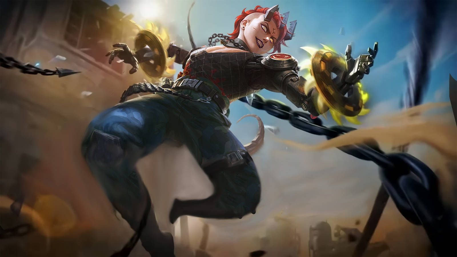 紅髮惡魔戰士在城市戰鬥中揮舞發光圓盤和鎖鏈。