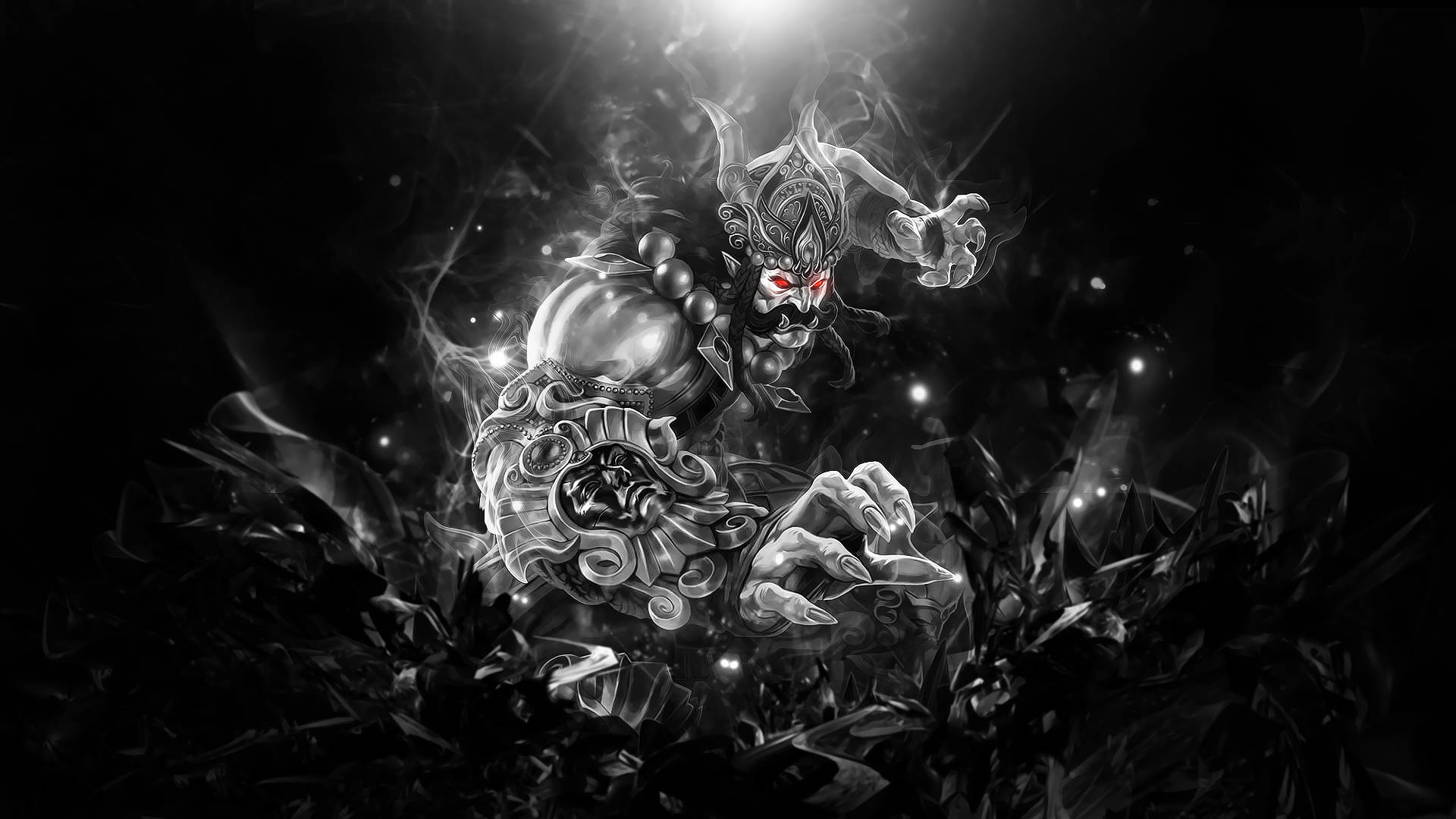 Ravana 桌布 壁紙 — 一個身穿盔甲、眼睛發出紅光的可怕惡魔，從漆黑的背景中的黑煙裡出現。