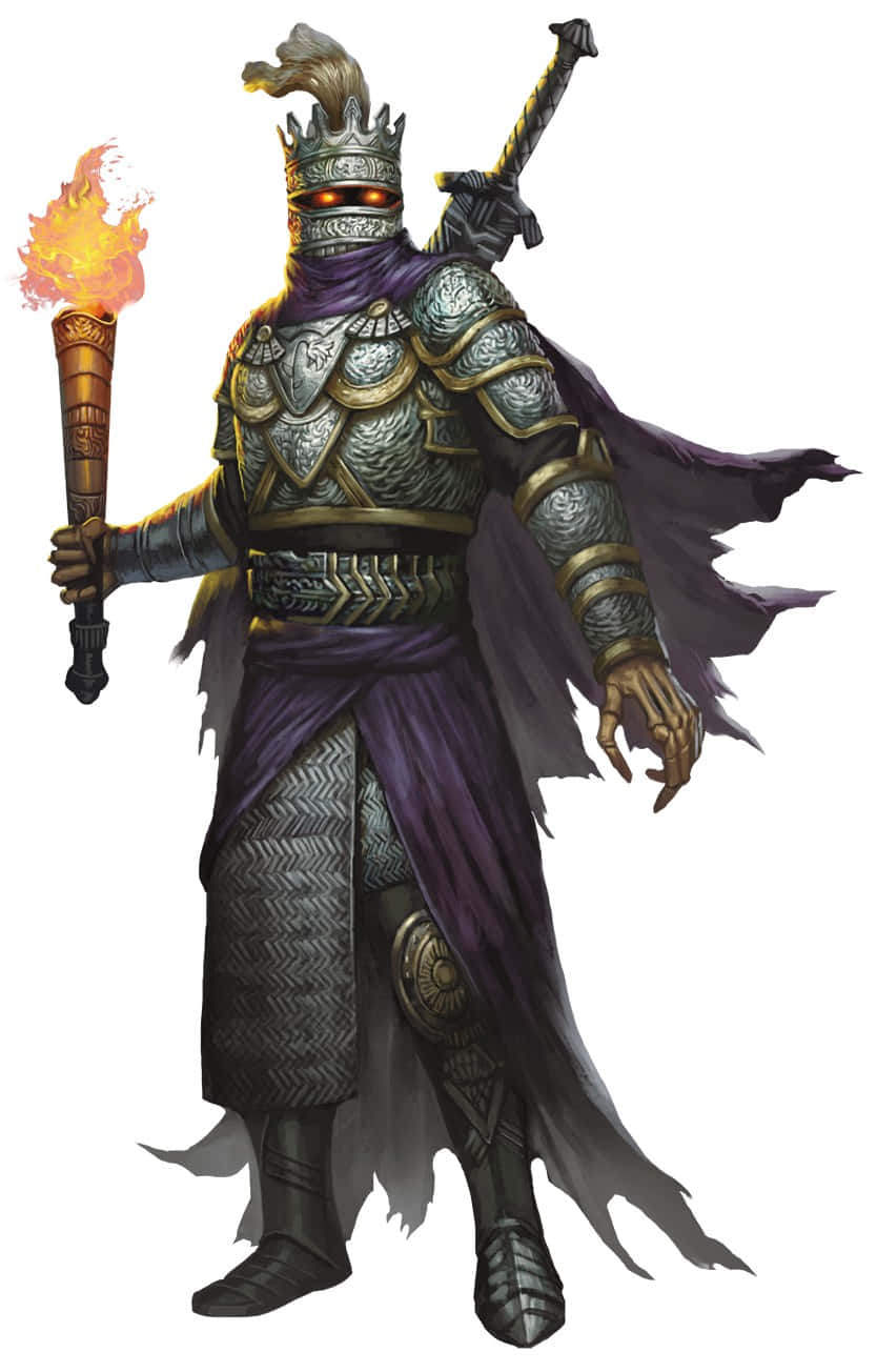 Death Knight 桌布 壁紙 — 一個身穿盔甲、眼睛發出紅光的威脅性騎士，手持燃燒的火把和劍，披著紫色斗篷。