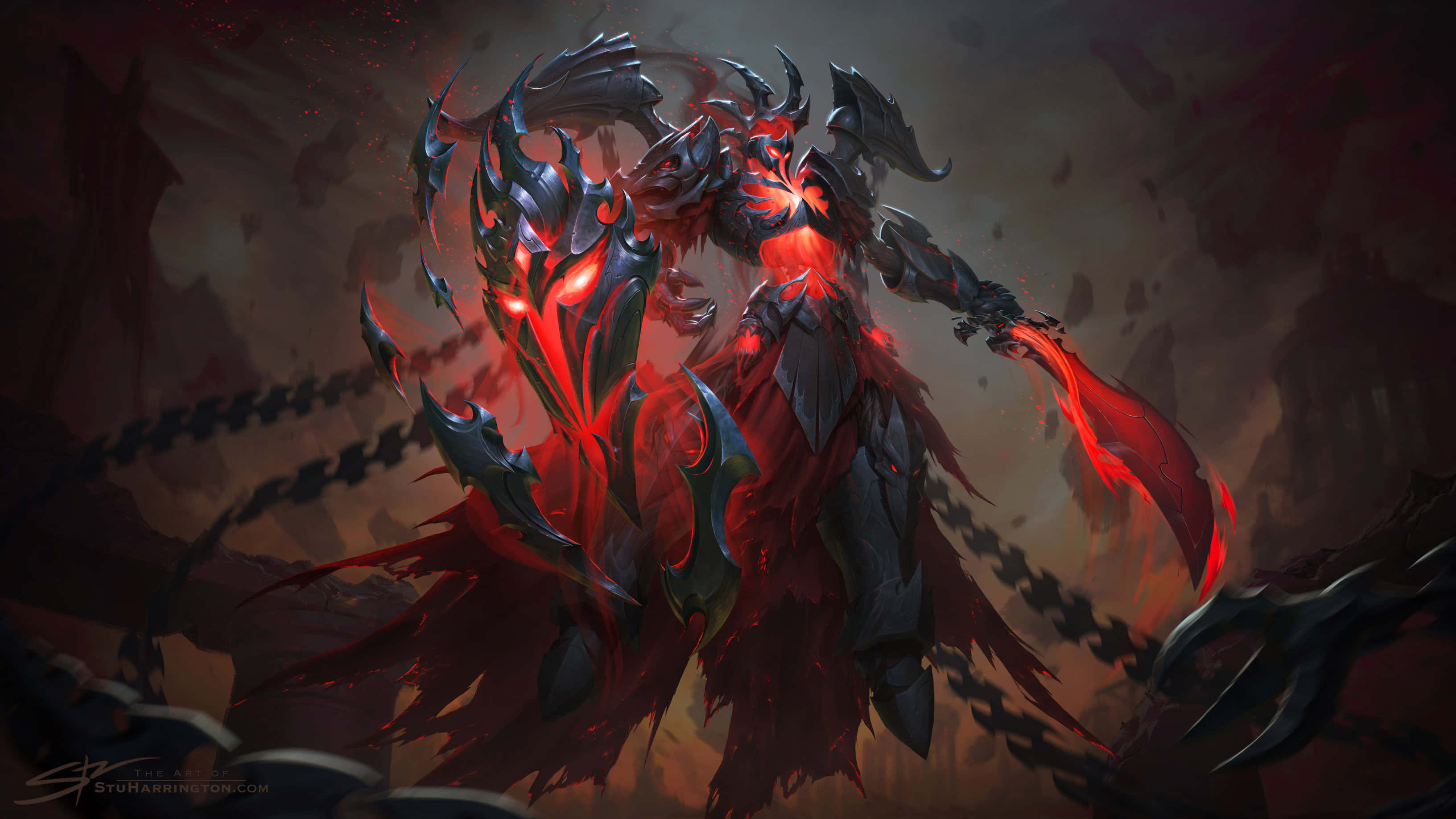 Smite 桌布 壁紙 — 一個身穿盔甲、眼睛發紅、帶著鎖鏈的威脅性惡魔，在黑暗煙霧繚繞的背景中揮舞著火焰劍。