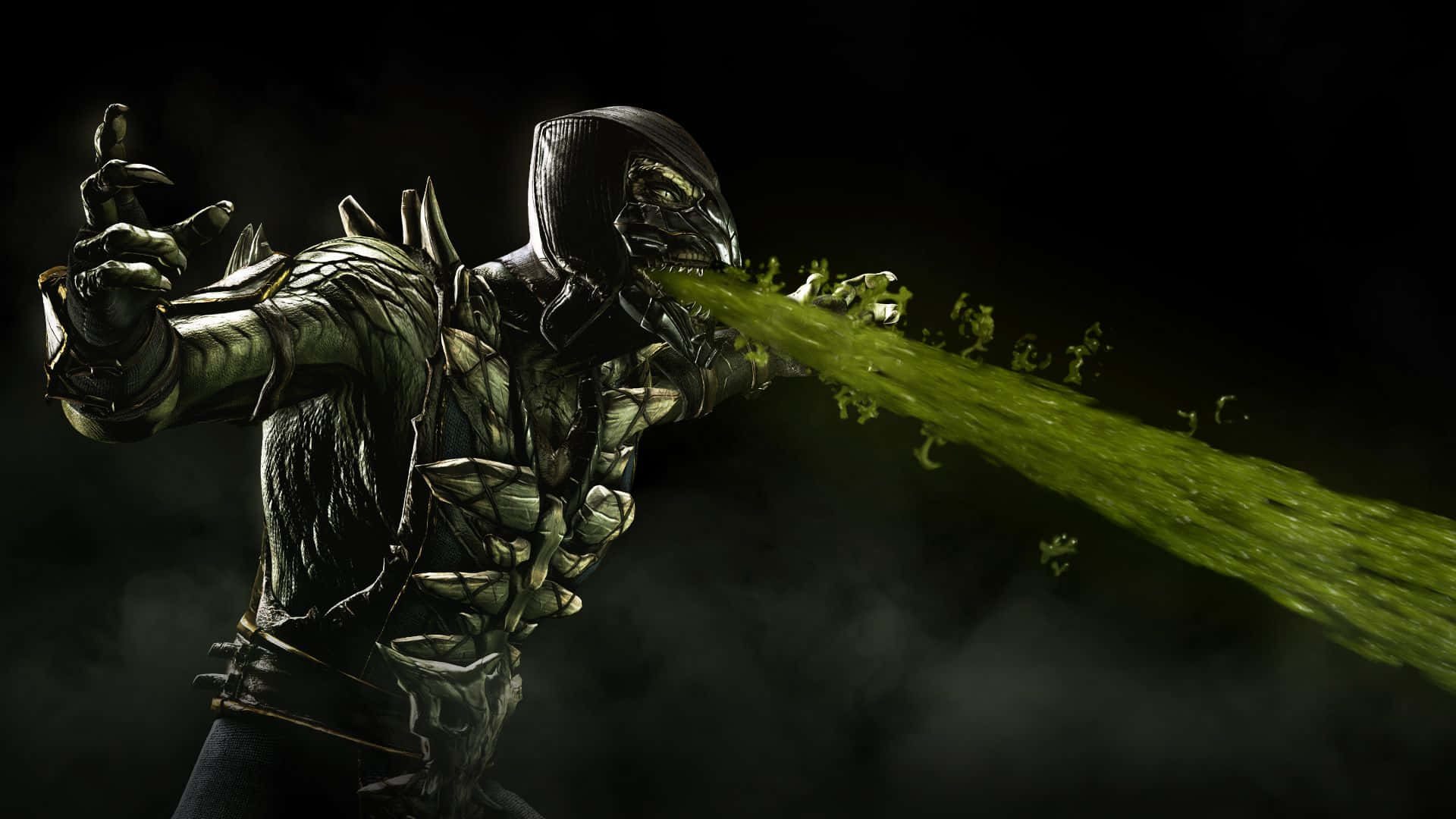 Mortal Kombat Fatality 桌布 壁紙 — 一個身穿盔甲、眼神兇狠、雙眼發出綠光的戰士，在黑暗煙霧的背景中從口中噴出一股有毒的綠色液體。