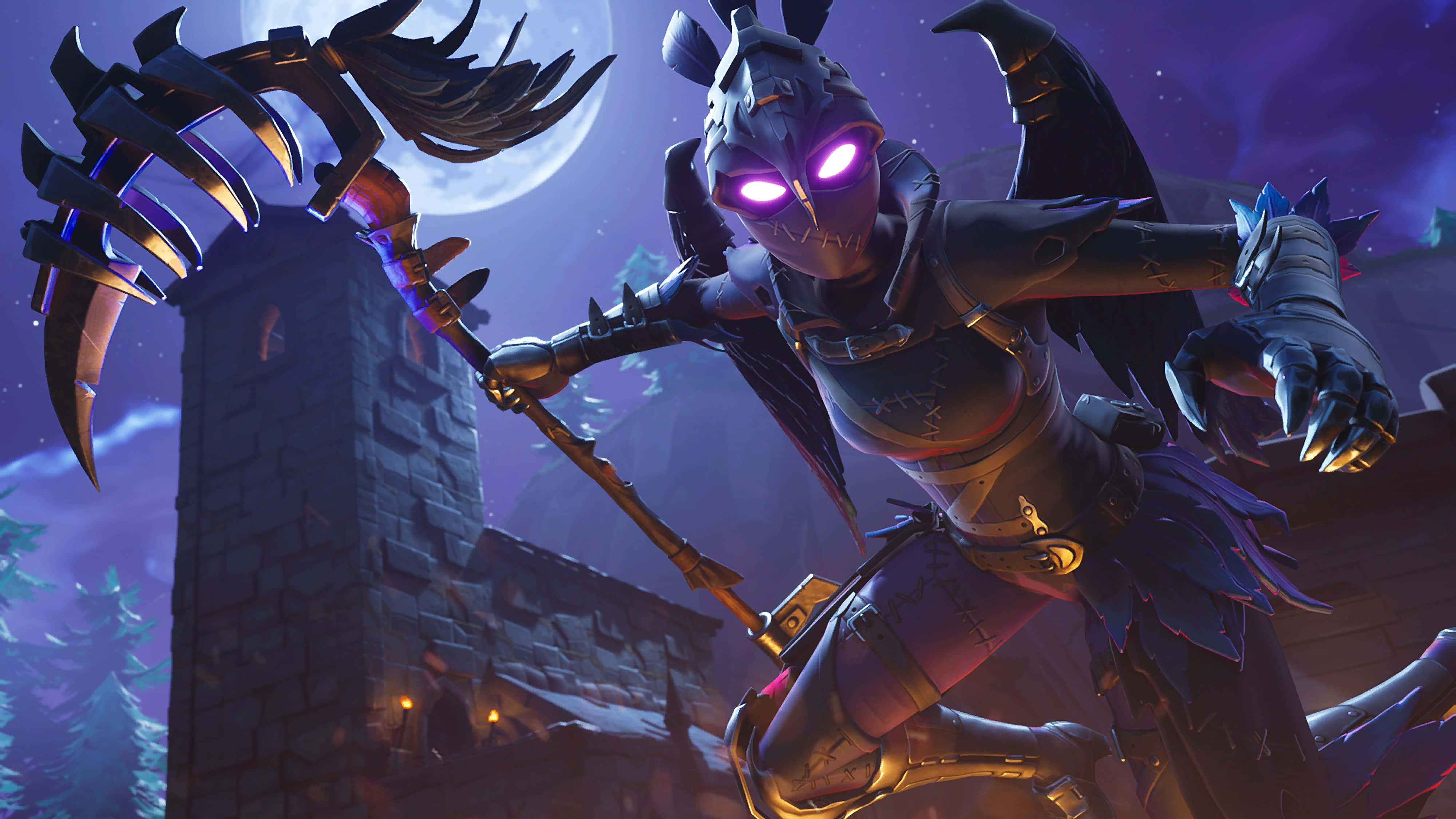 Fortnite 桌布 壁紙 — 一個身穿盔甲、眼神散發紫色光芒的威嚇戰士，在月光下的城堡背景下揮舞著帶刺的鐮刀。