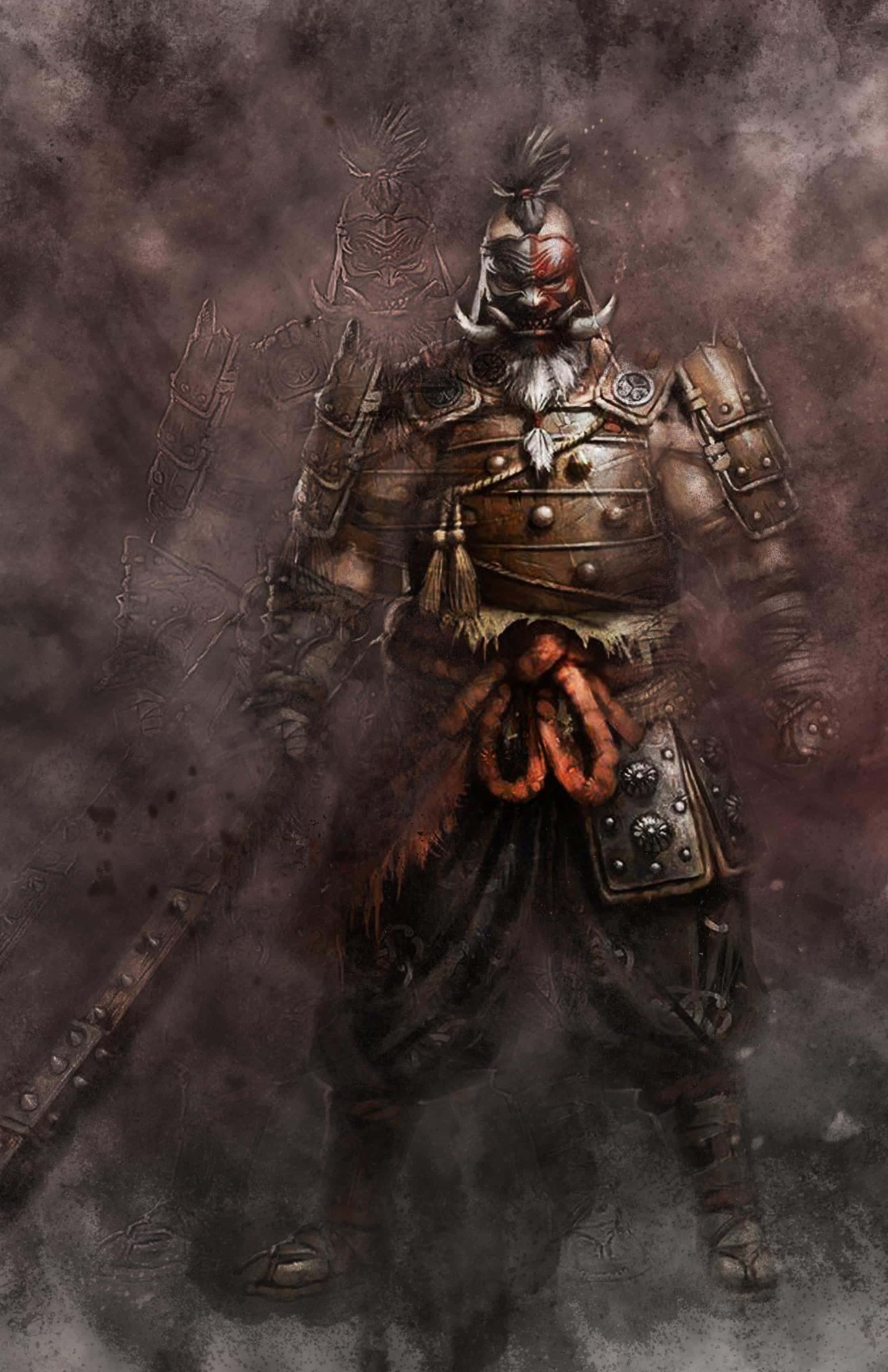 Female Samurai For Honor 桌布 壁紙 — 一個身穿盔甲、臉上塗有紅色顏料、頭戴角盔的可怕武士，站在黑暗迷霧的戰場煙霧中。