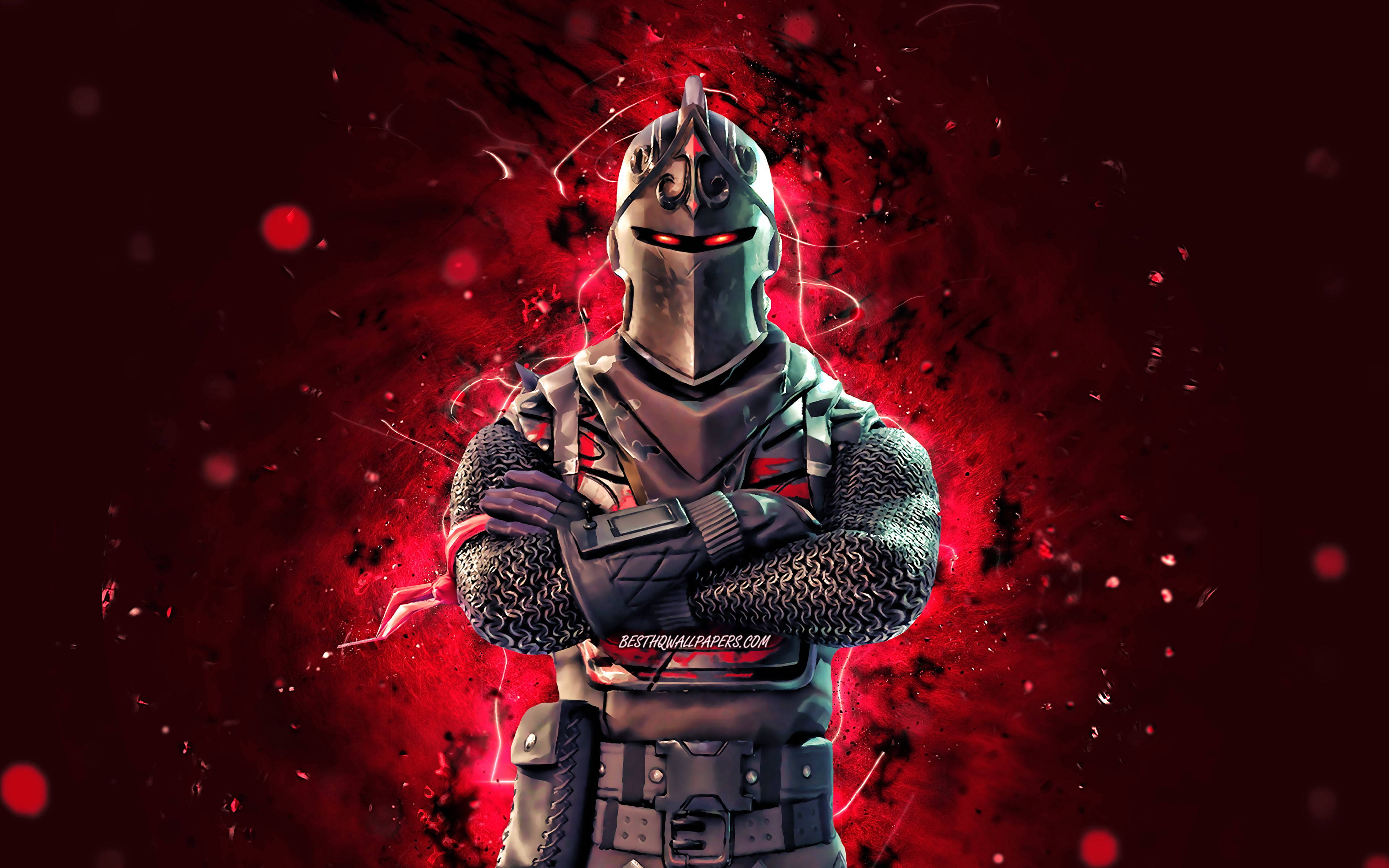 Fortnite Skins 桌布 壁紙 — 一個身穿盔甲、雙眼發出紅光的威嚇騎士，挑釁地站在旋轉的深紅色背景前。