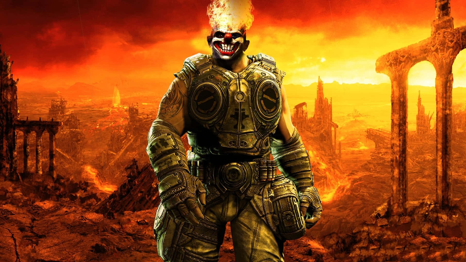 Gears Of War Ultimate Edition 桌布 壁紙 — 一個身穿盔甲、頭髮燃燒的可怕小丑，站在火橙色天空下的廢墟城市景觀中。