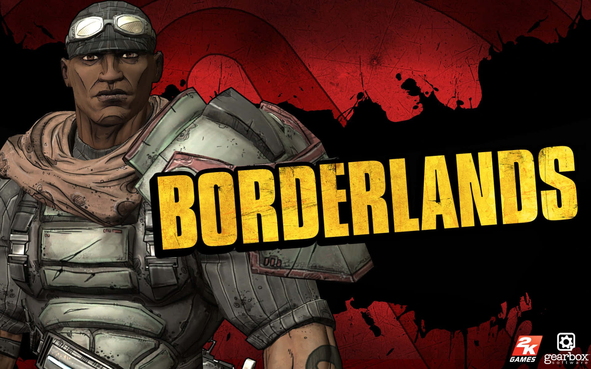 Borderlands 桌布 壁紙 — 一個身穿盔甲和護目鏡的粗獷插畫士兵站在紅色飛濺背景前，背景上有粗體黃色文字 'BORDERLANDS'。