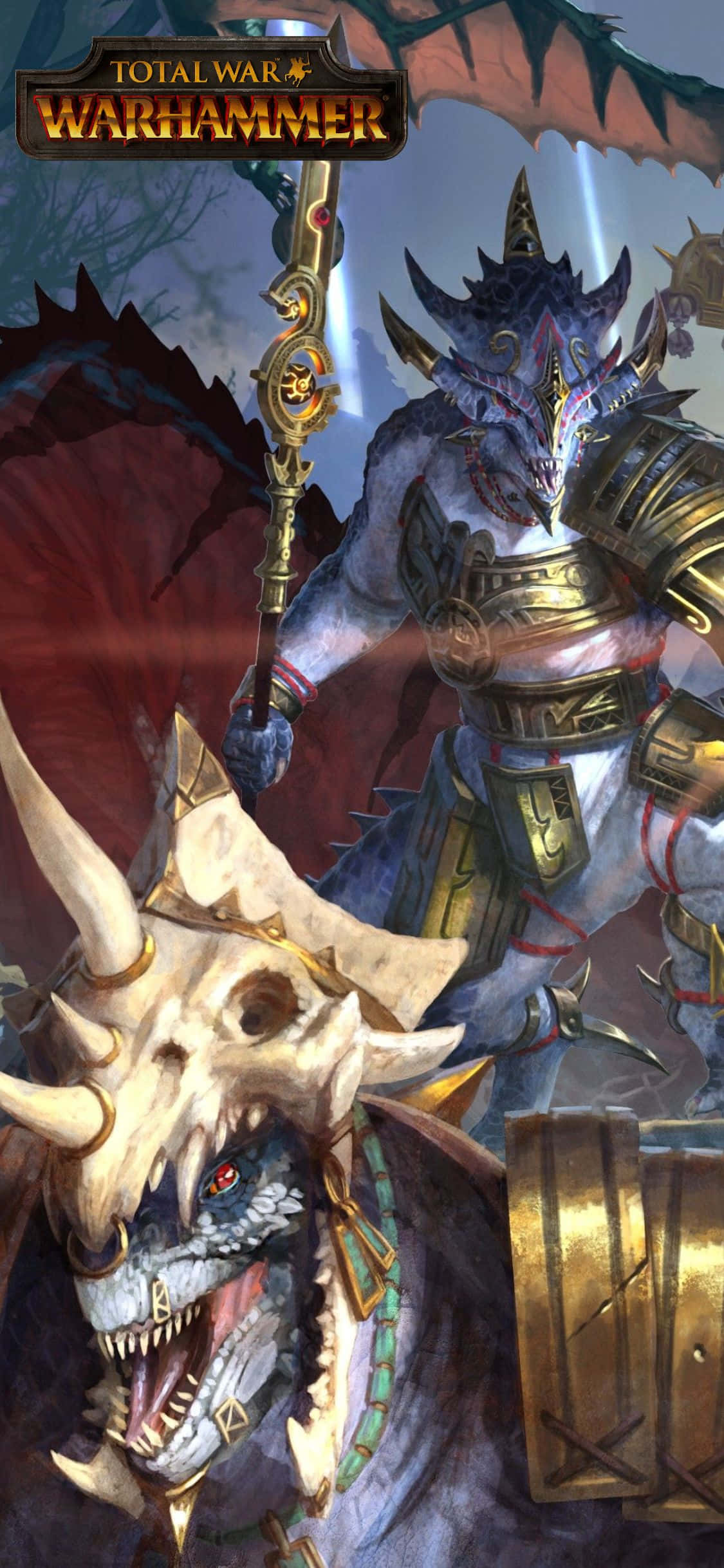 iPhone X Total War Warhammer 桌布 壁紙 — 一個身穿盔甲的可怕戰將，在黑暗的天空下騎著一條骷髏龍，置身於奇幻戰鬥場景中。