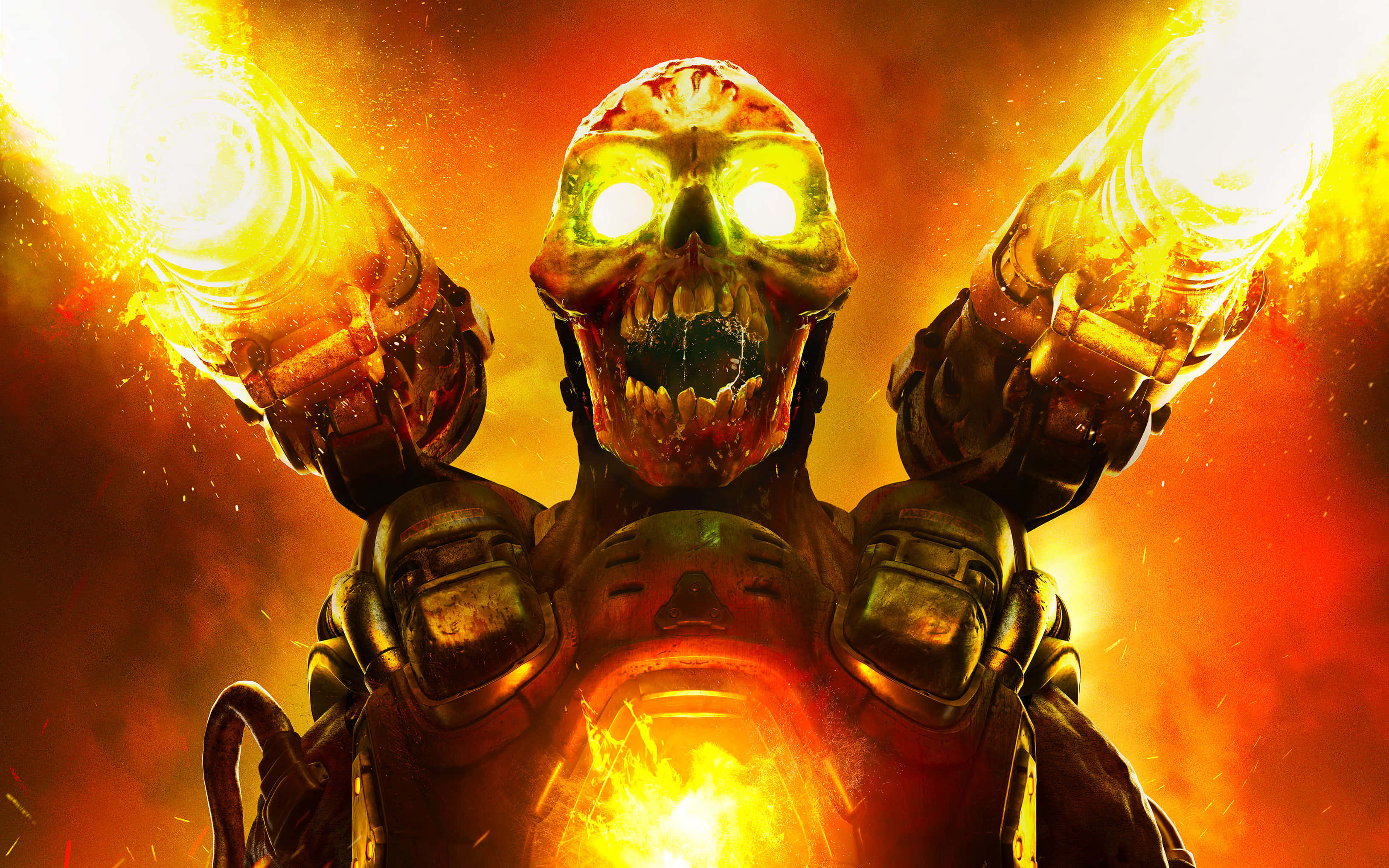 Doom 2016 桌布 壁紙 — 一個身穿盔甲的可怕骷髏頭戰士，在熾熱的橙色背景下揮舞著發光的火焰武器。
