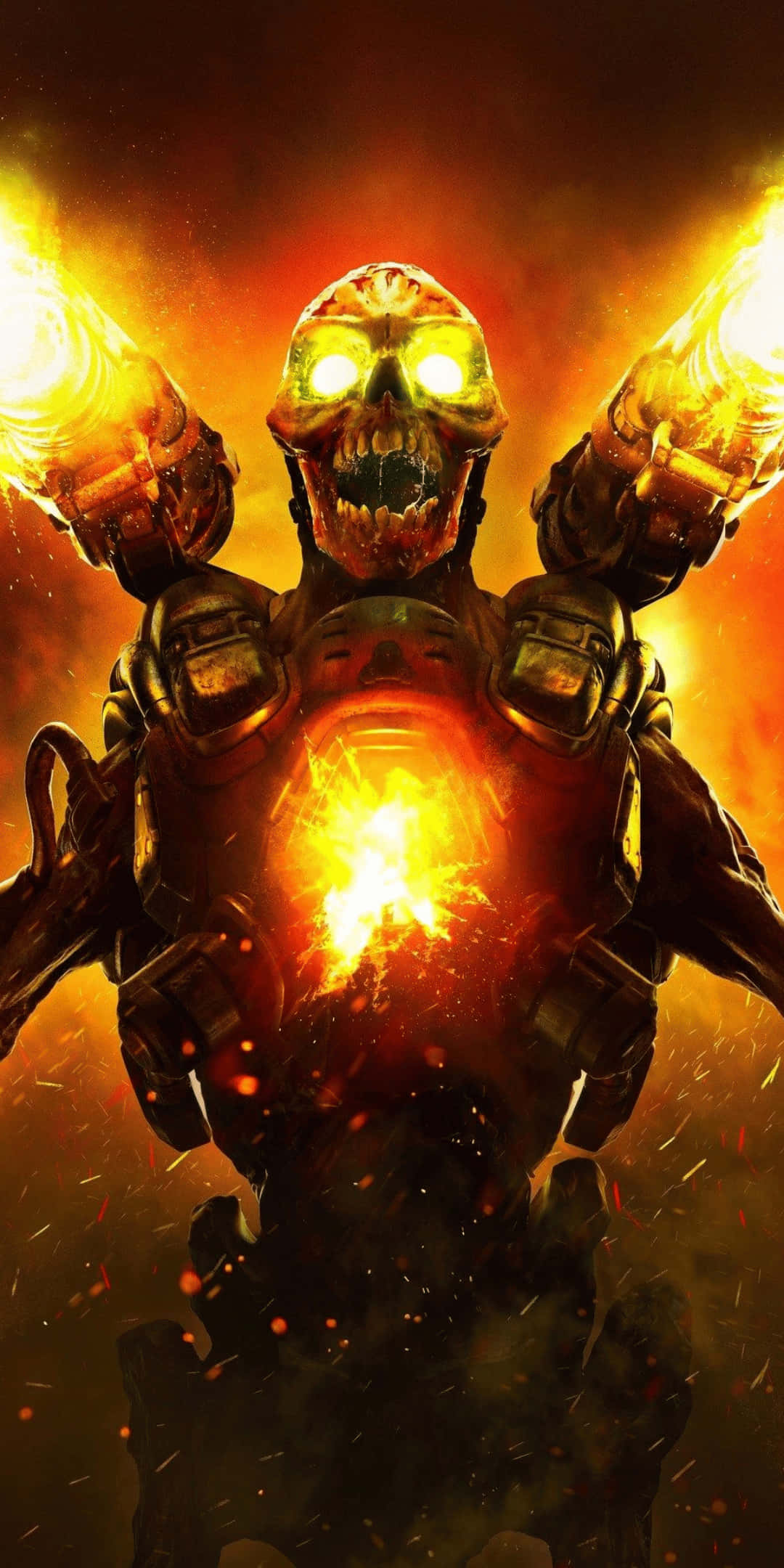 Pixel 3 Doom 桌布 壁紙 — 一個身穿盔甲的可怕骷髏頭戰士，從胸口和雙手散發出熾熱的能量，映襯著發光的橙色背景。