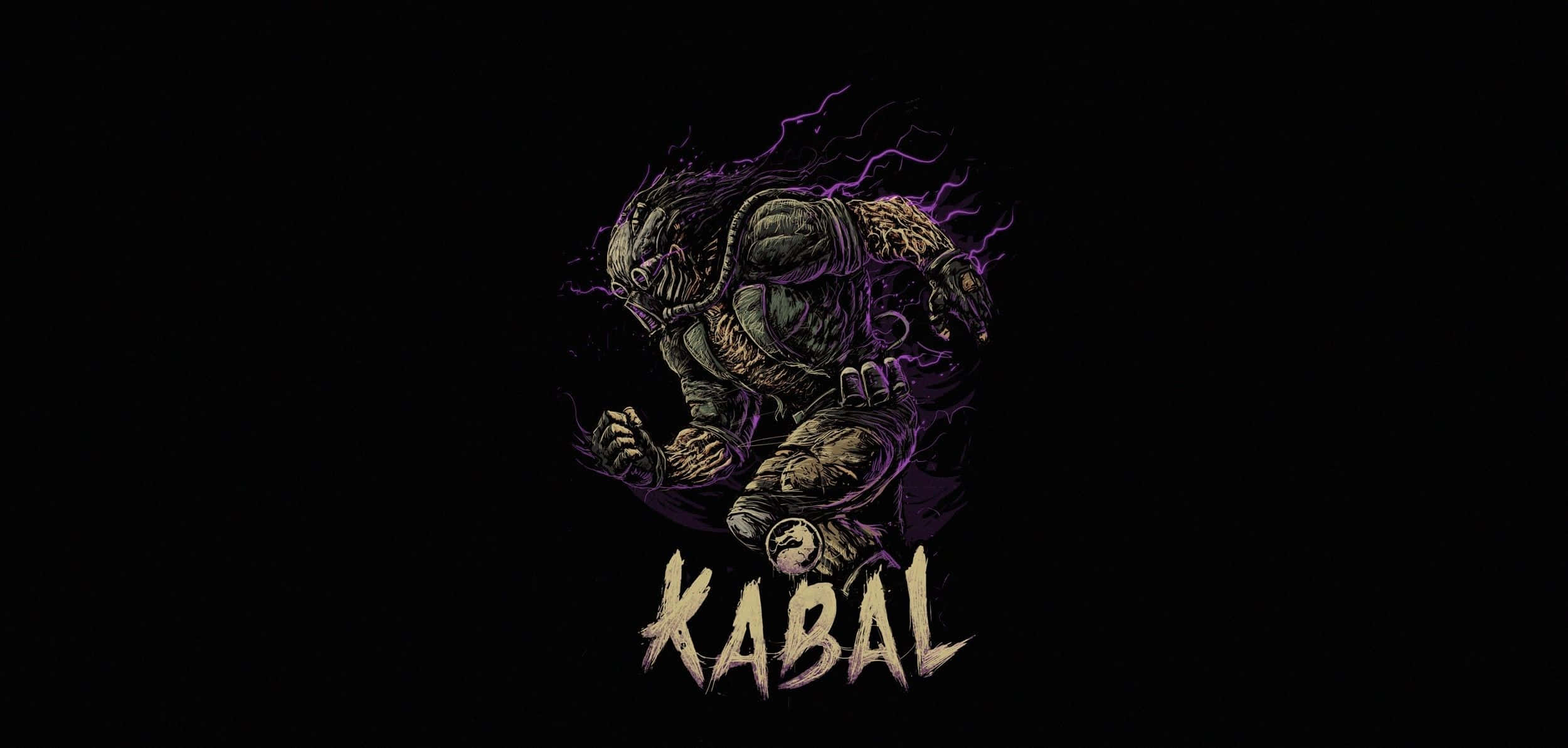 Mortal Kombat Kabal 桌布 壁紙 — 一個身穿盔甲的威嚇戰士，周圍有紫色閃電劈啪作響，站在黑色背景前，下方有Kabal的名字。