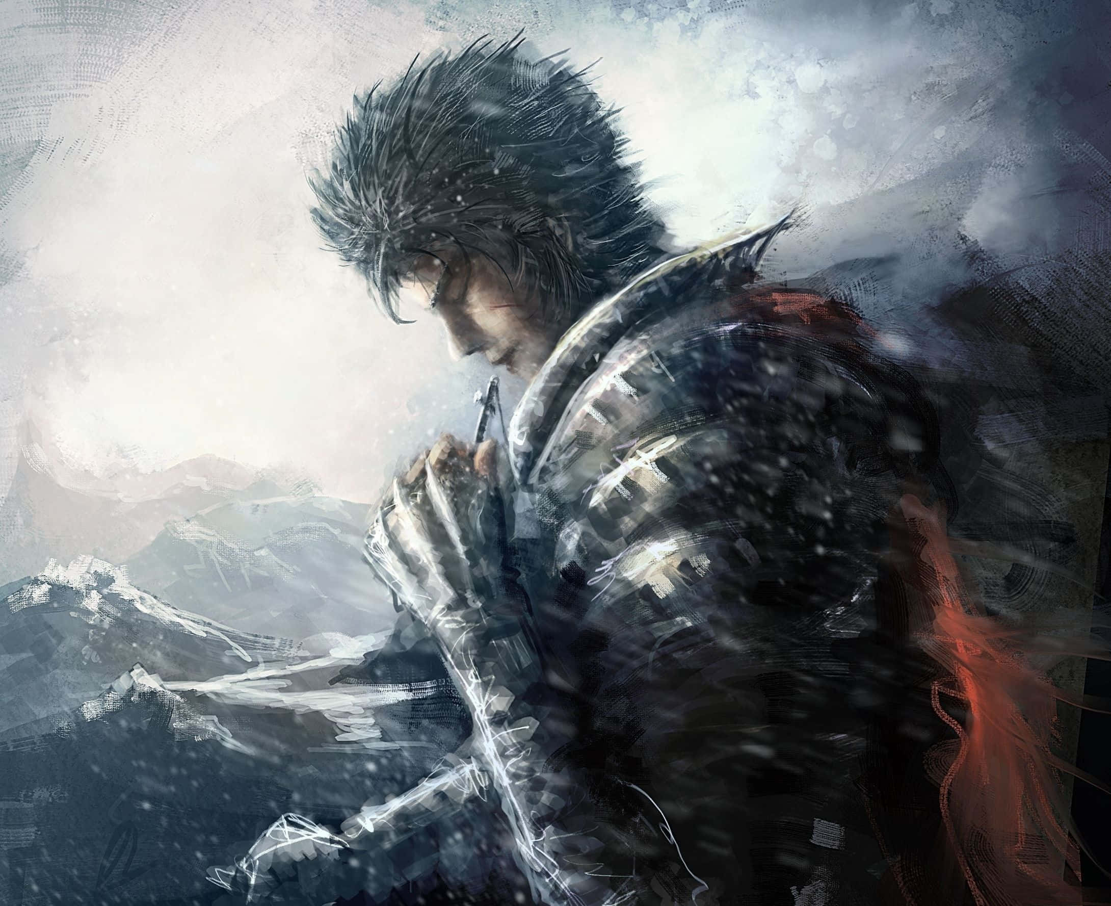 guts berserk 桌布 壁紙 — 一個身穿盔甲的孤獨戰士站在白雪皚皚的山景中，風吹動他的黑髮，他帶著莊嚴的表情向下凝視。