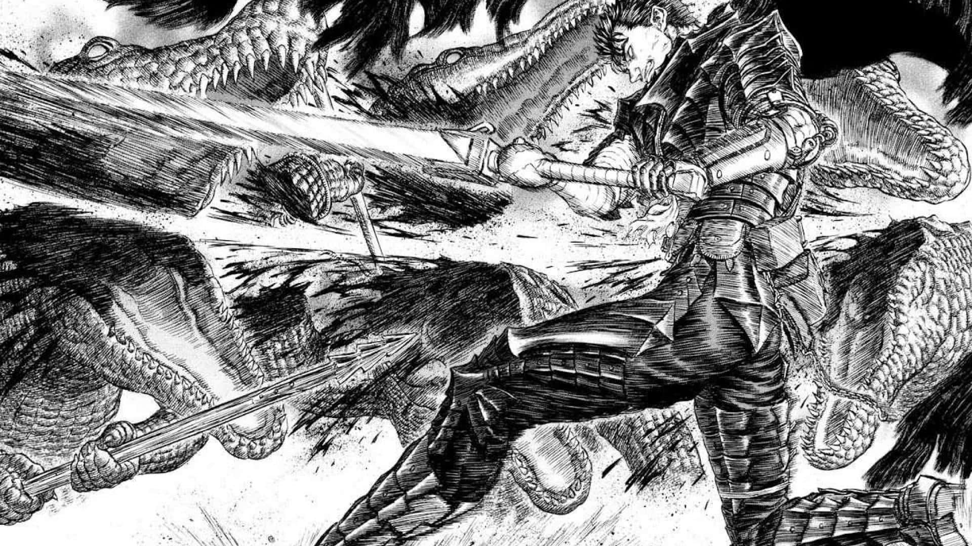 Berserk Manga 桌布 壁紙 — 一個身穿盔甲的戰士在動態黑白漫畫面板中，用劍與多個巨大的蛇形怪物戰鬥。