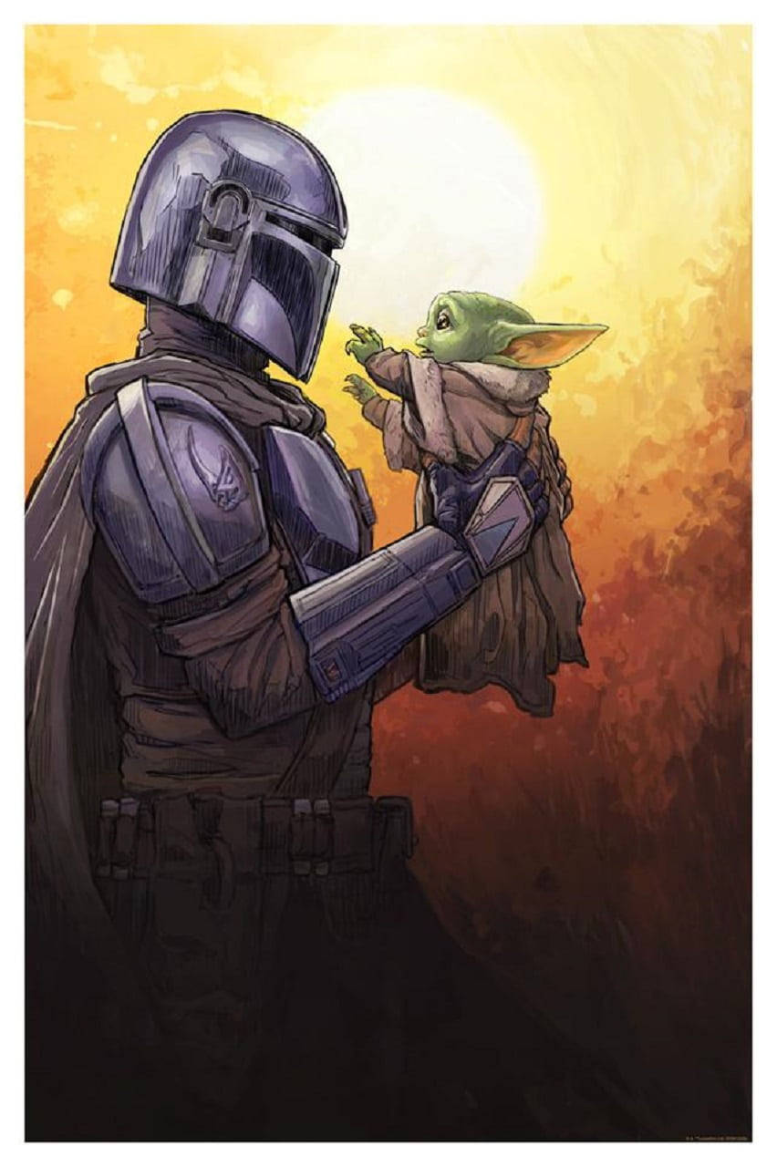 Mandalorian And Baby Yoda 桌布 壁紙 — 一個身穿盔甲的曼達洛人抱著一個綠色小孩，背景是溫暖發光的日落天空。